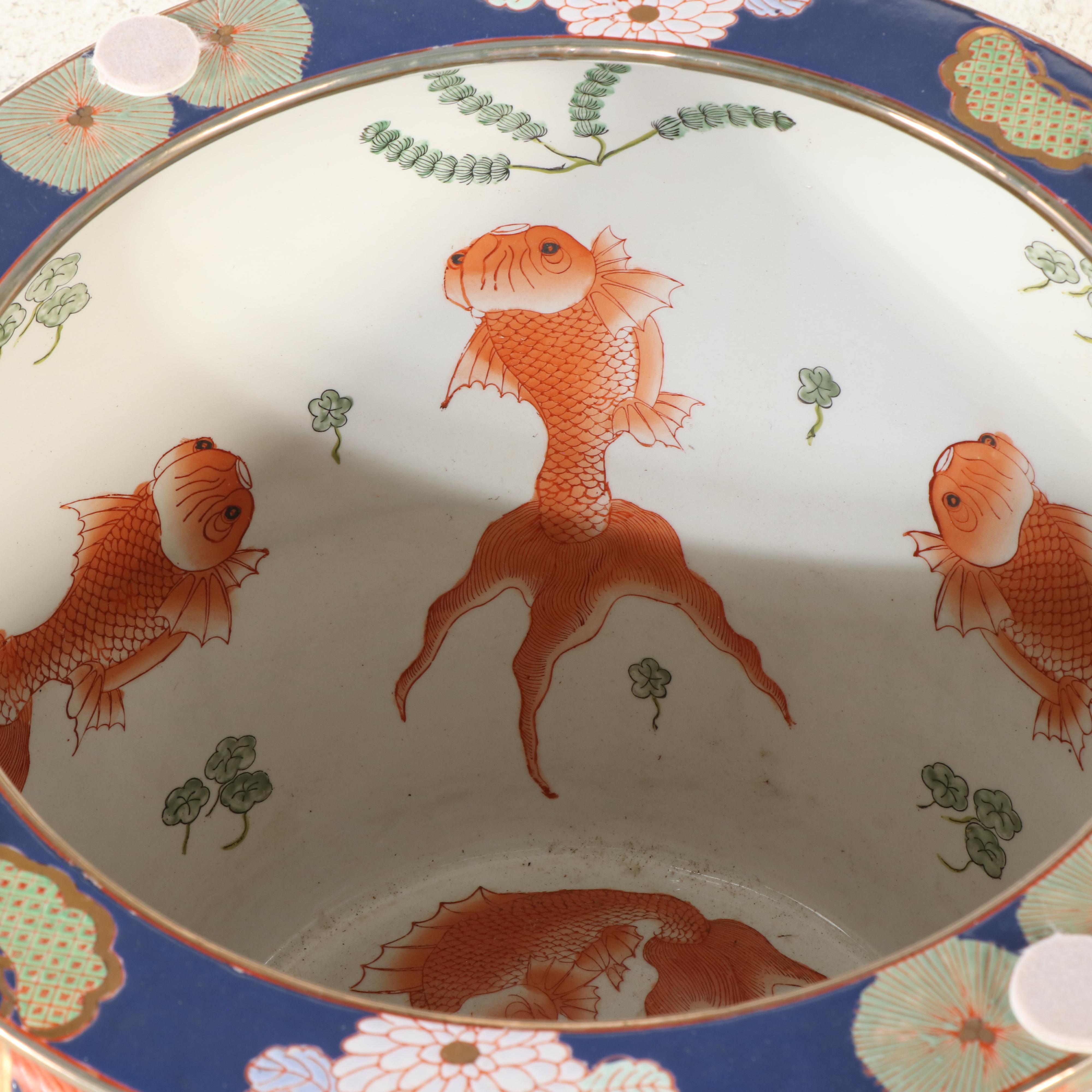 Chinese Gilt-Accent Ceramic Fishbowl Planter with Glass Tabletop