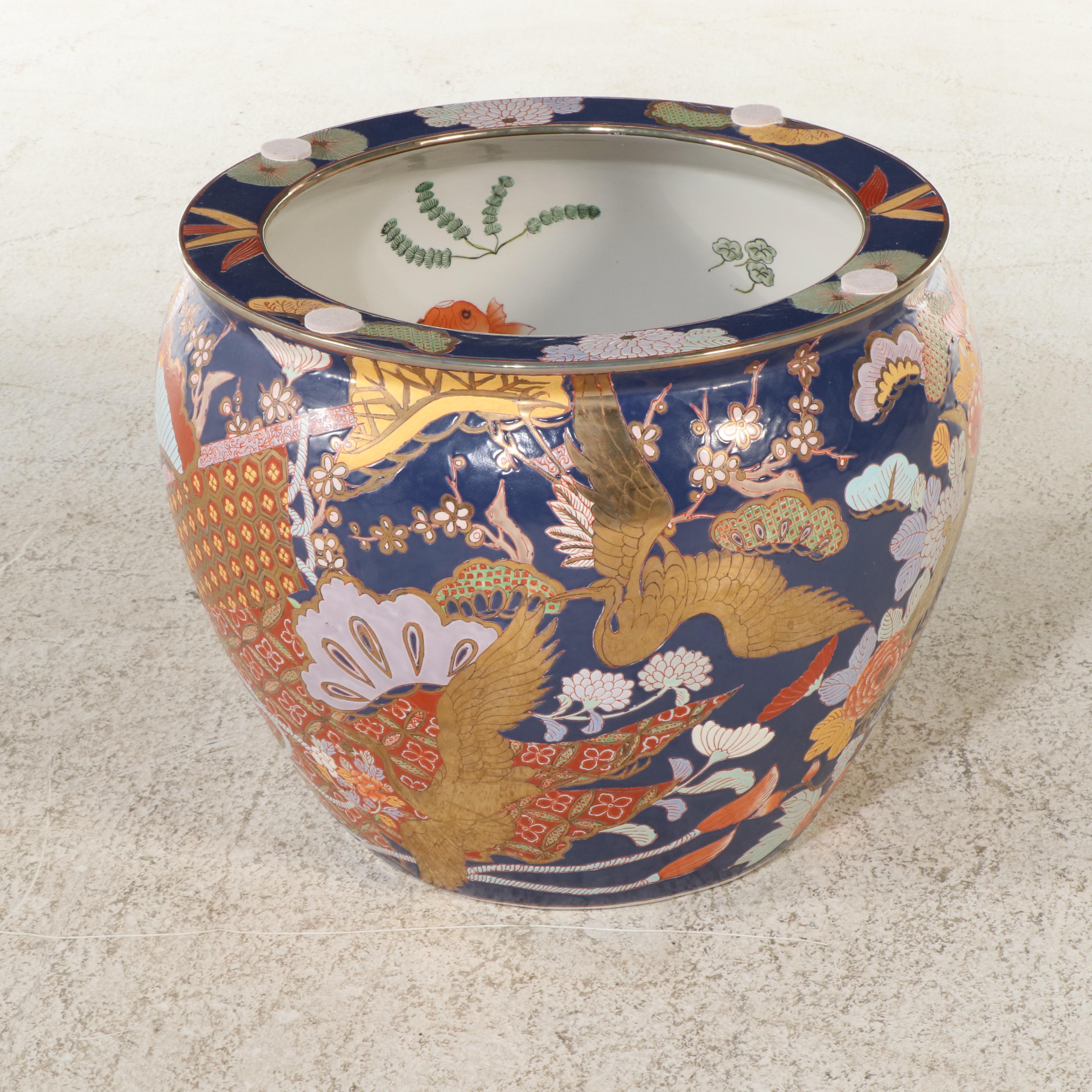 Chinese Gilt-Accent Ceramic Fishbowl Planter with Glass Tabletop