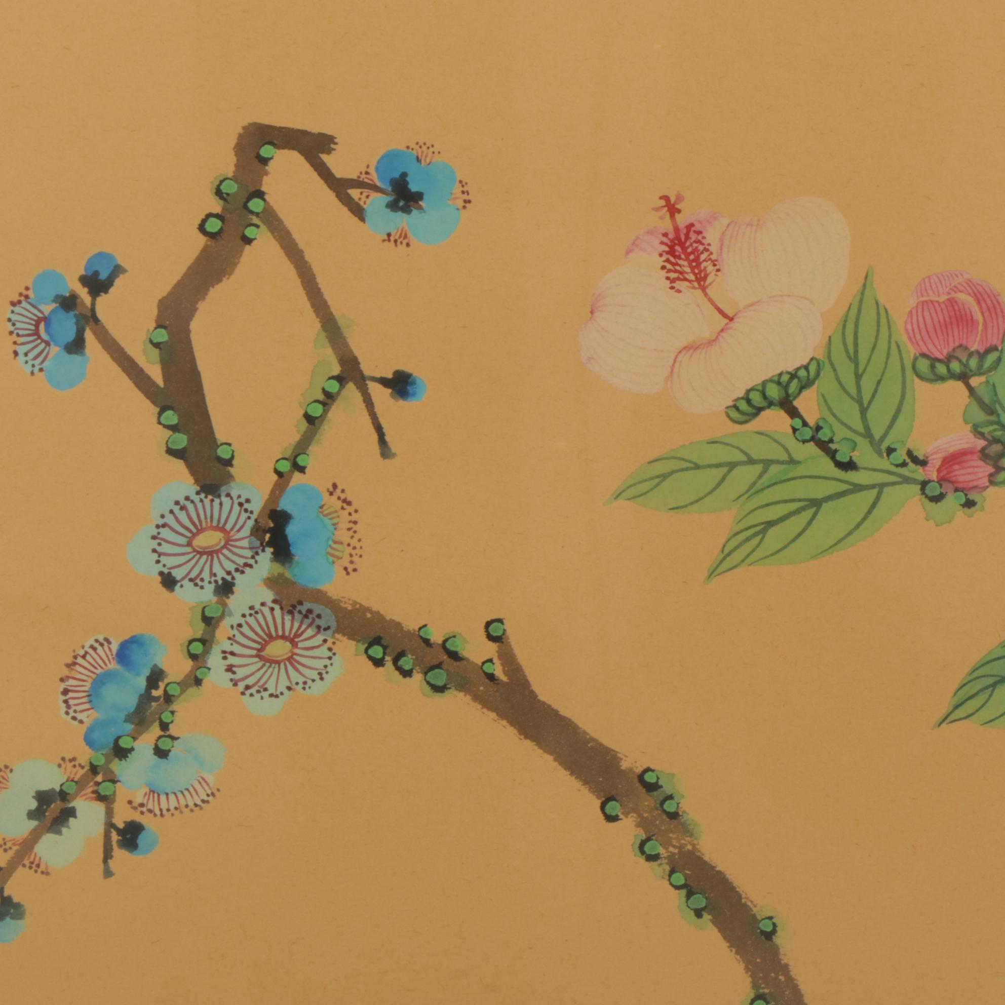 Chinese Watercolor Paintings of Birds on Flowering Branches, 20th Century