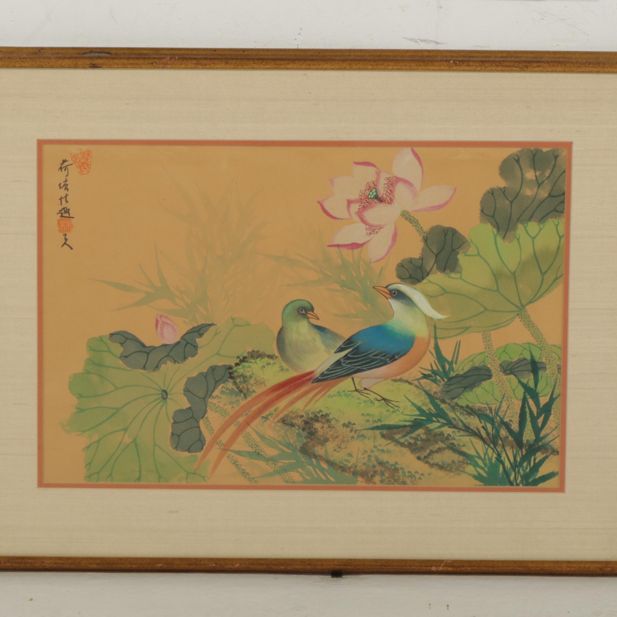 Chinese Watercolor Paintings of Birds on Flowering Branches, 20th Century