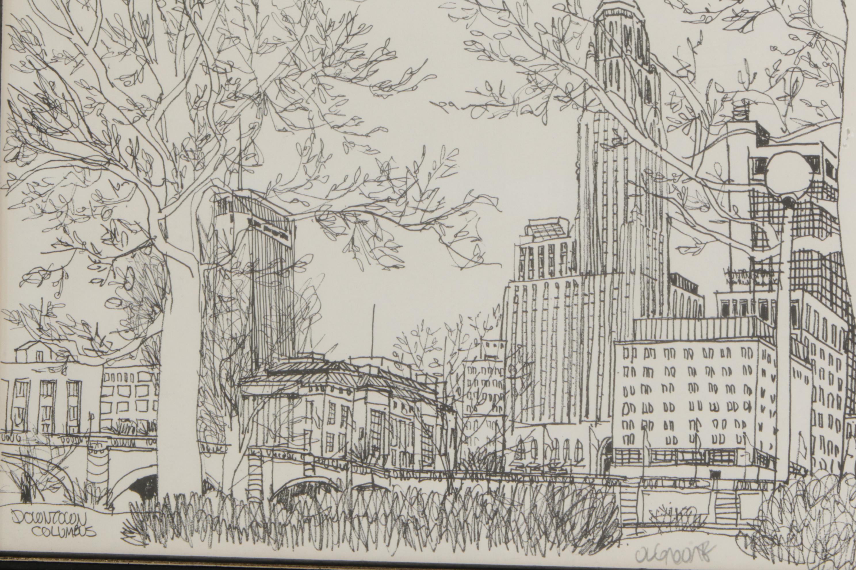 Downtown Columbus, OSU Stadium & Other Landmark Ink Prints