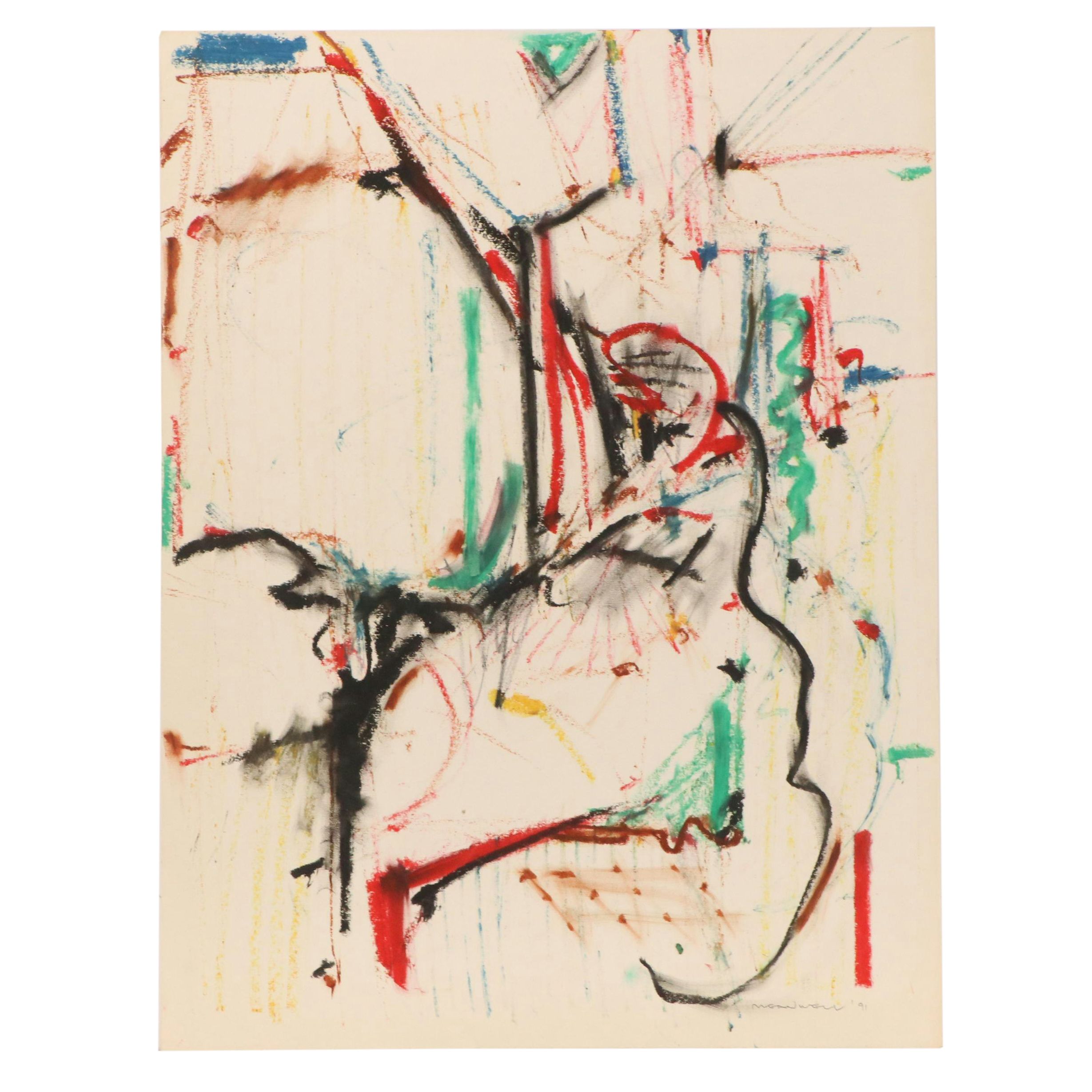 Jack Meanwell Abstract Mixed Media Drawing, 1991