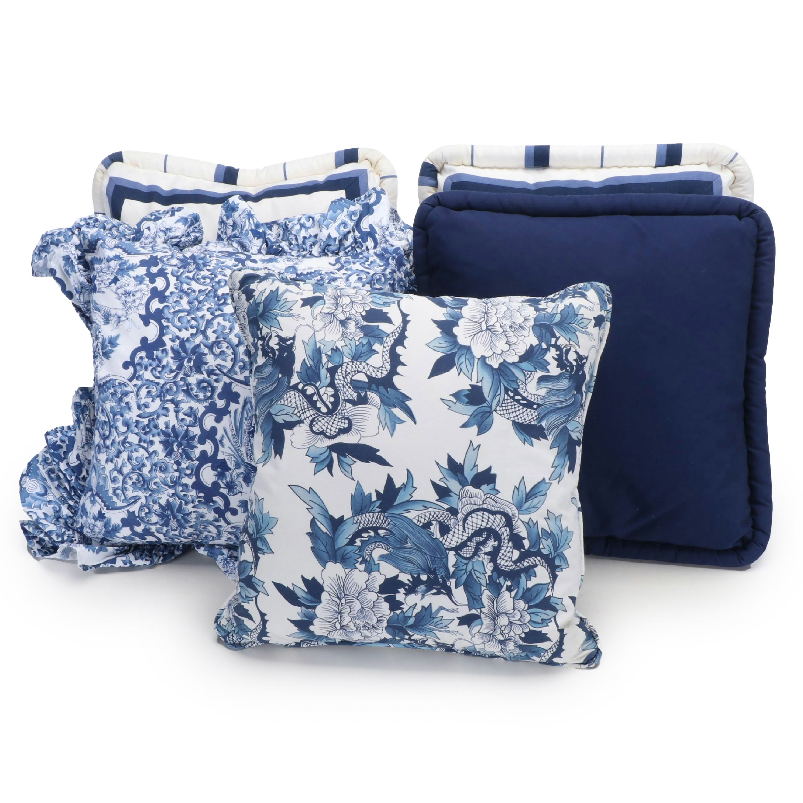 Blue and White Chinoiserie Print Accent Pillows & Block Pieced Bespoke Pillows