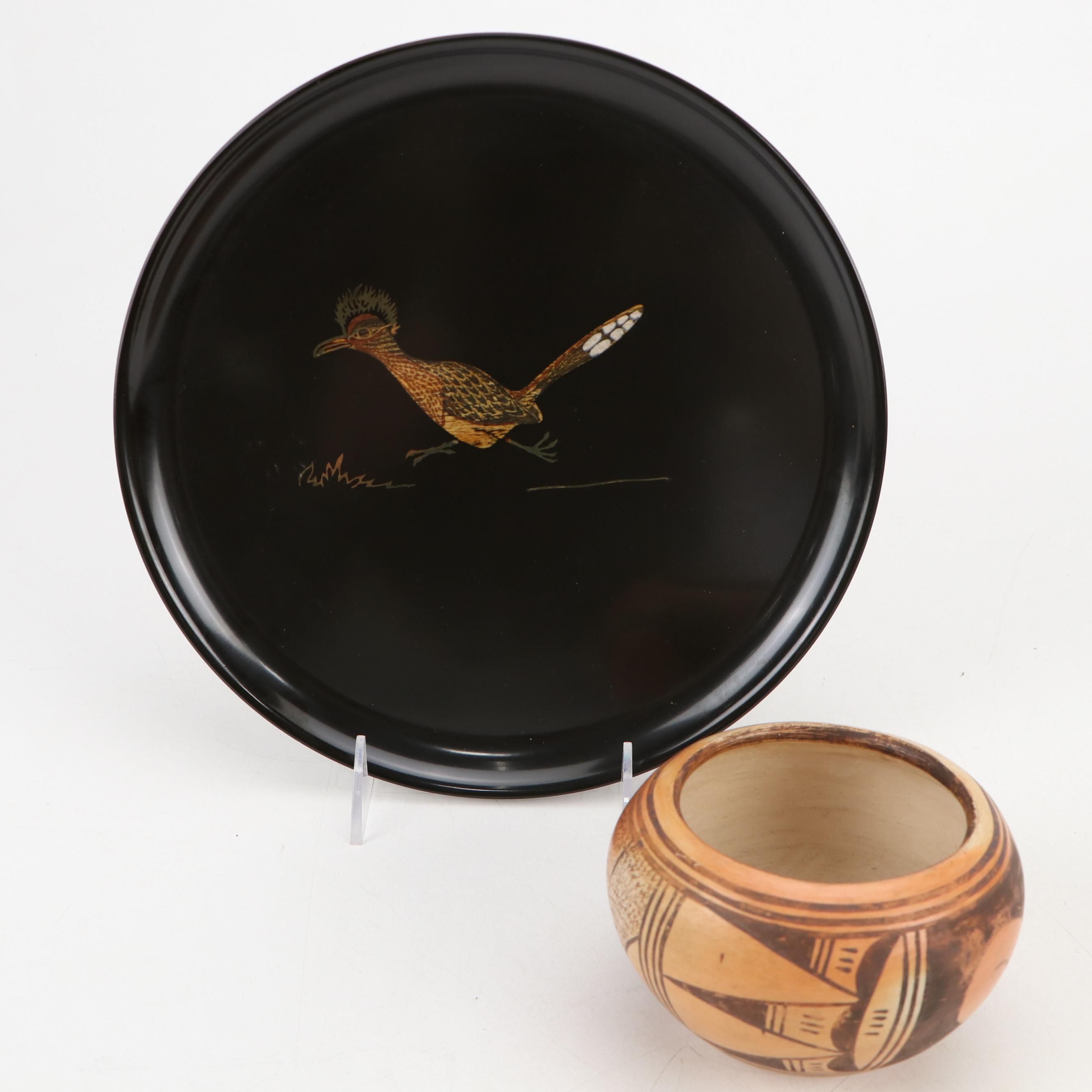 Couroc Roadrunner Tray with Southwestern Style Terracotta Pot, 20th Century