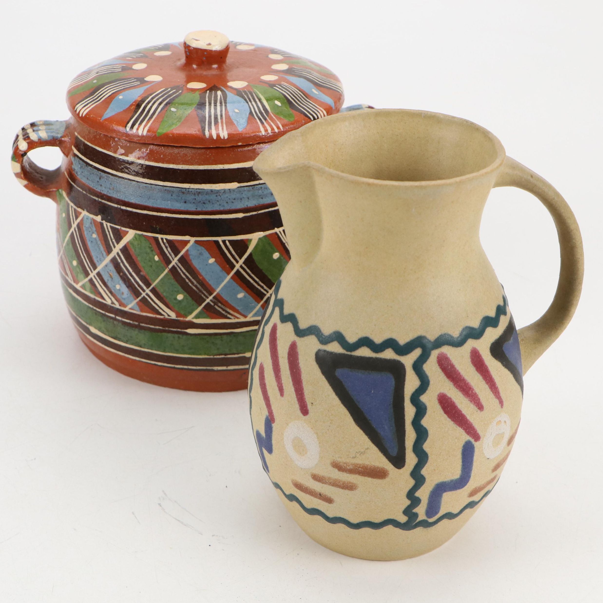 German Erphila Pottery Pitcher with Mexican Terracotta Bean Pot, 20th Century
