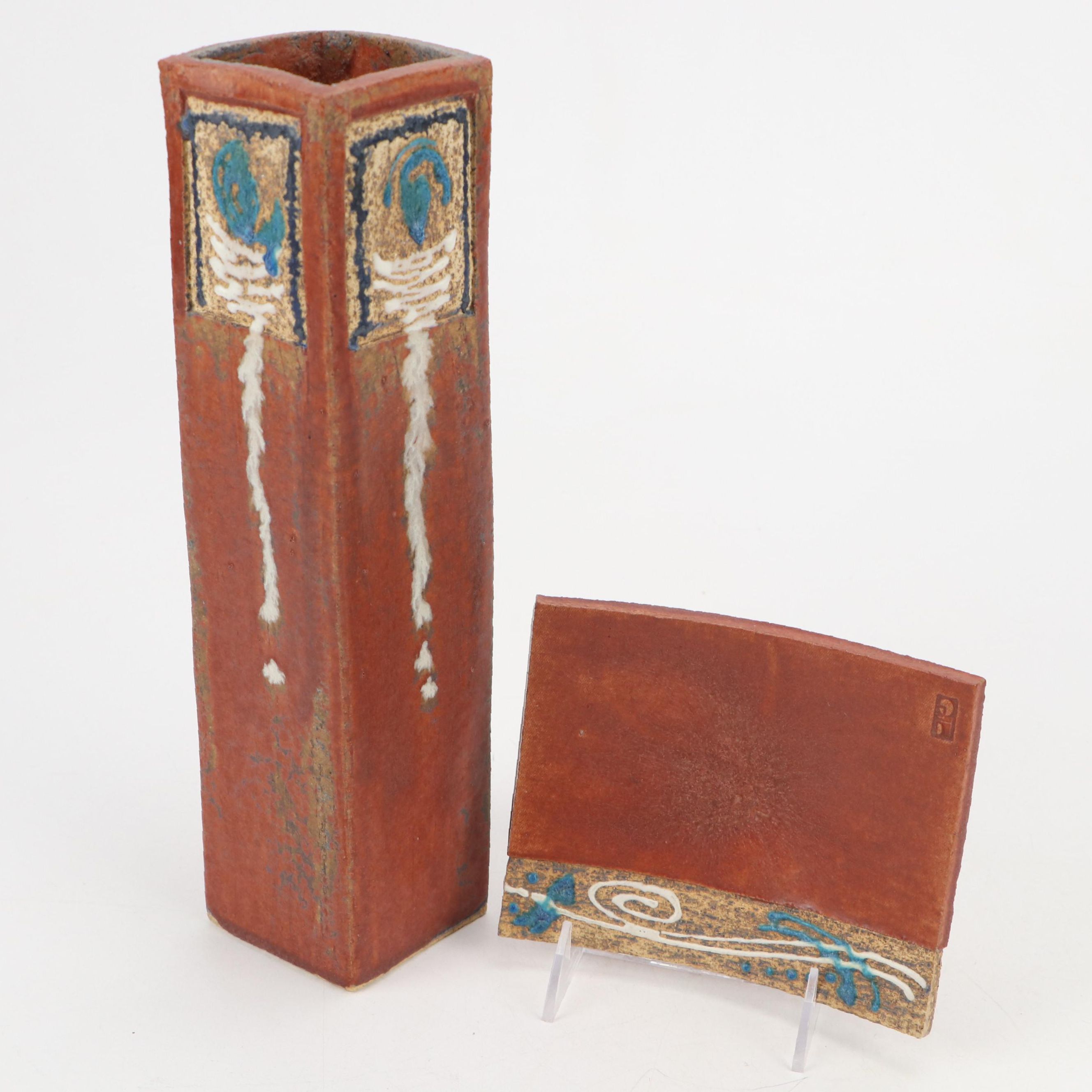 Artisan Made Ceramic Vase and Matching Dish