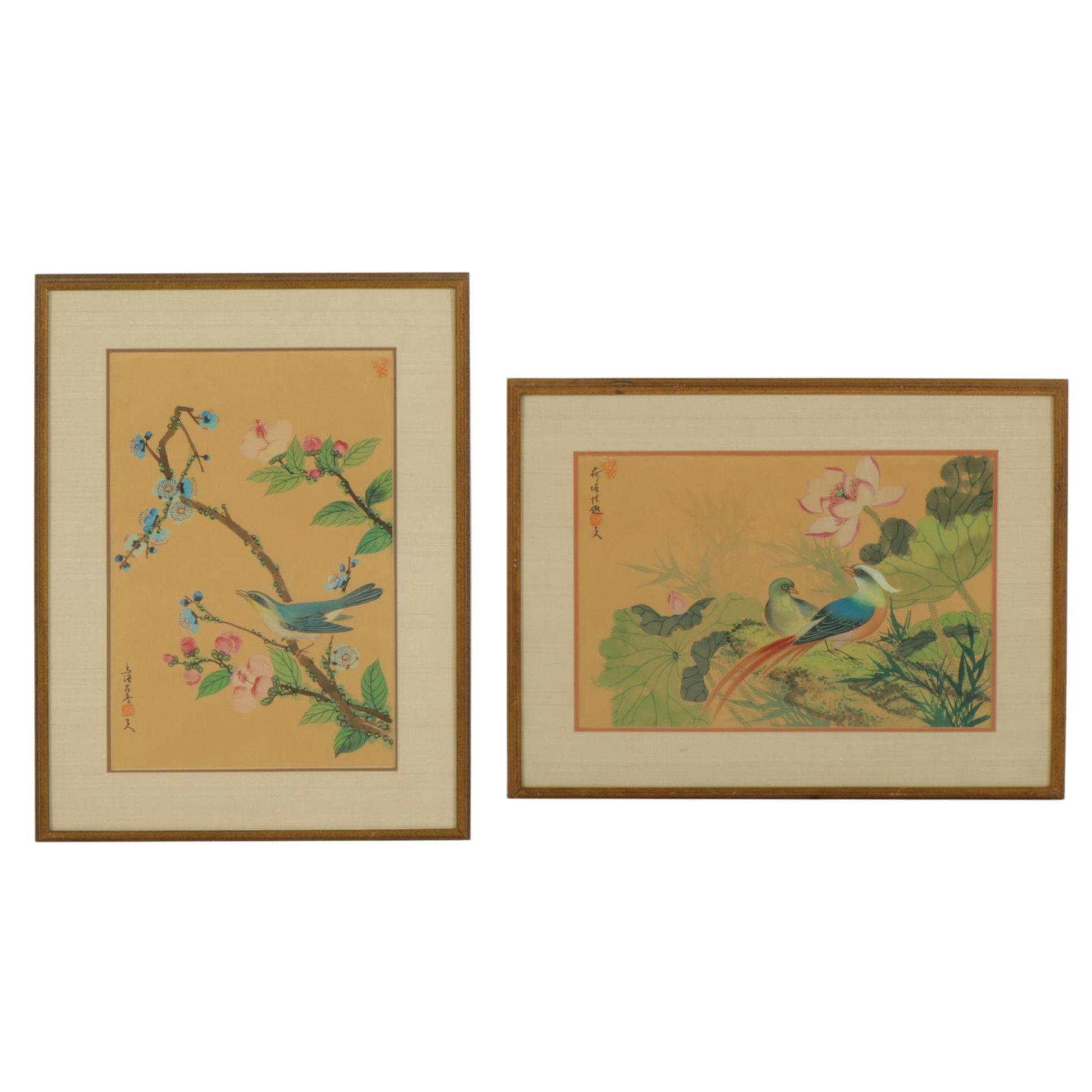 Chinese Watercolor Paintings of Birds on Flowering Branches, 20th Century