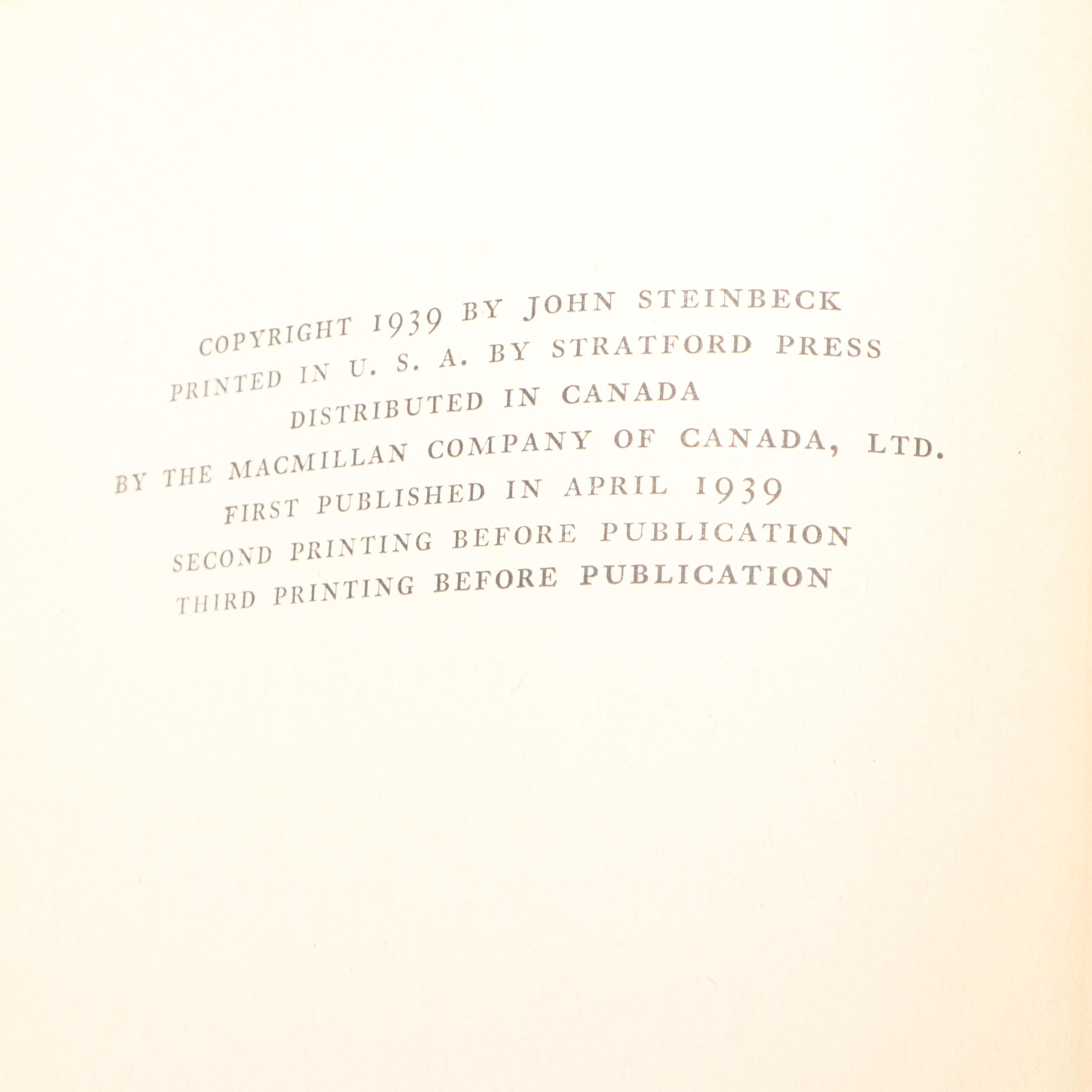 First Edition, Third Printing "The Grapes of Wrath" by John Steinbeck, 1939
