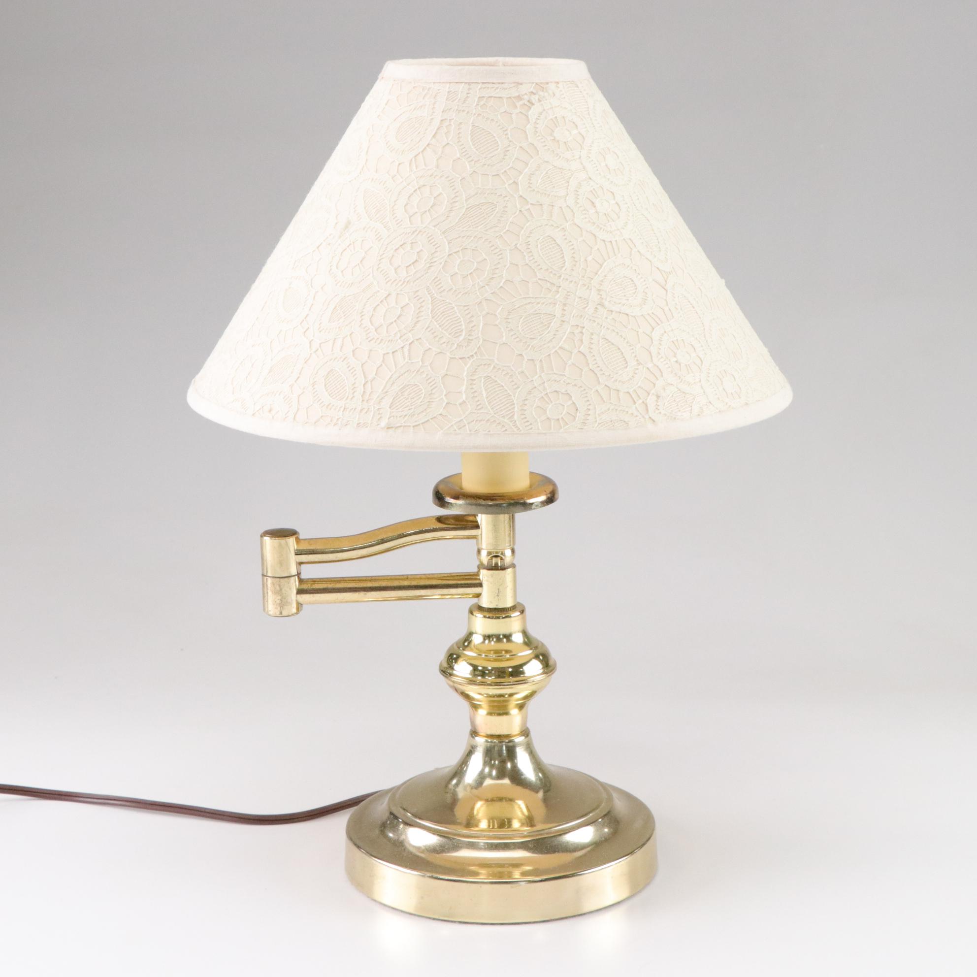 Brass Swing Arm Table Lamp with Lace Motif Shade