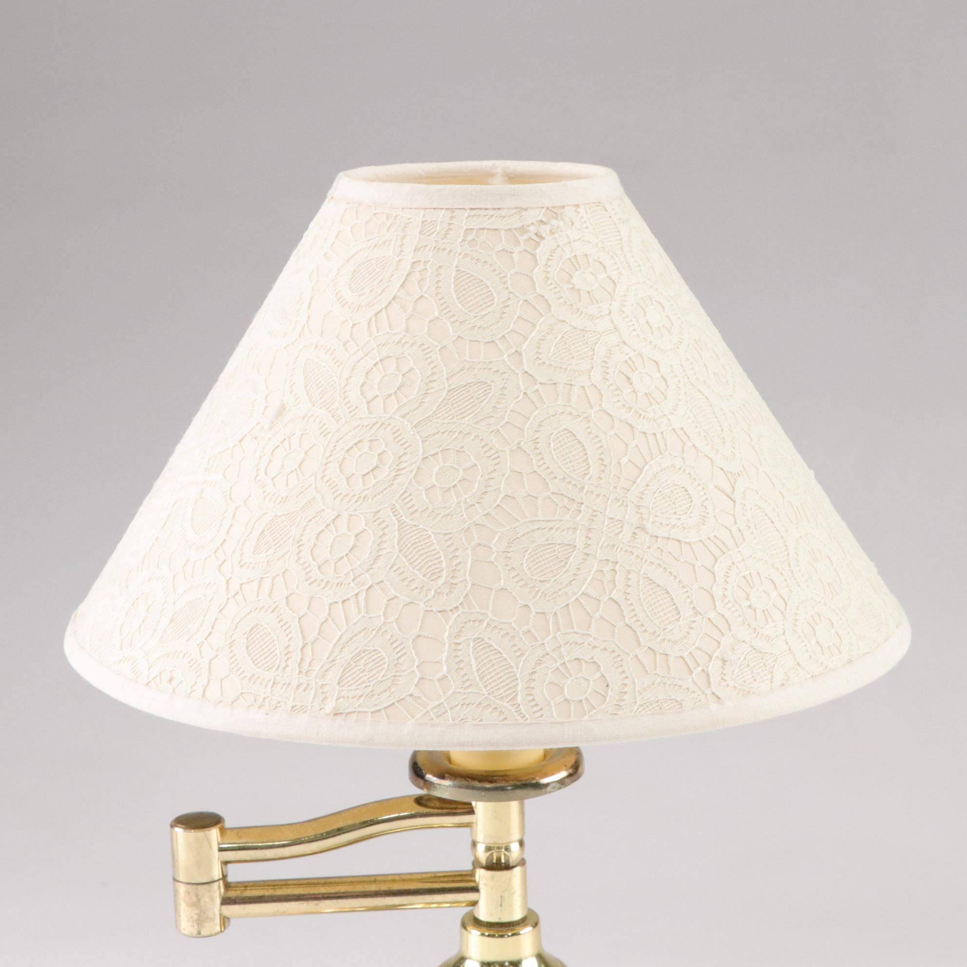 Brass Swing Arm Table Lamp with Lace Motif Shade