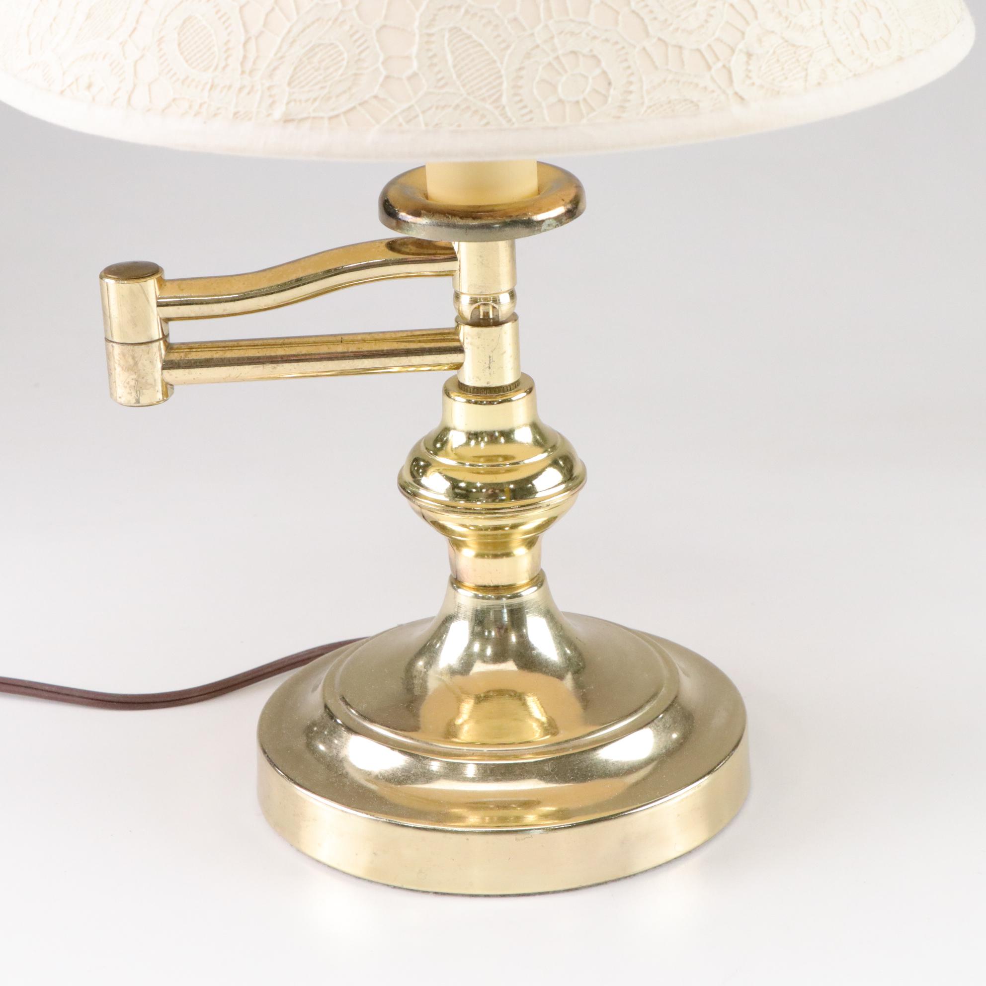 Brass Swing Arm Table Lamp with Lace Motif Shade