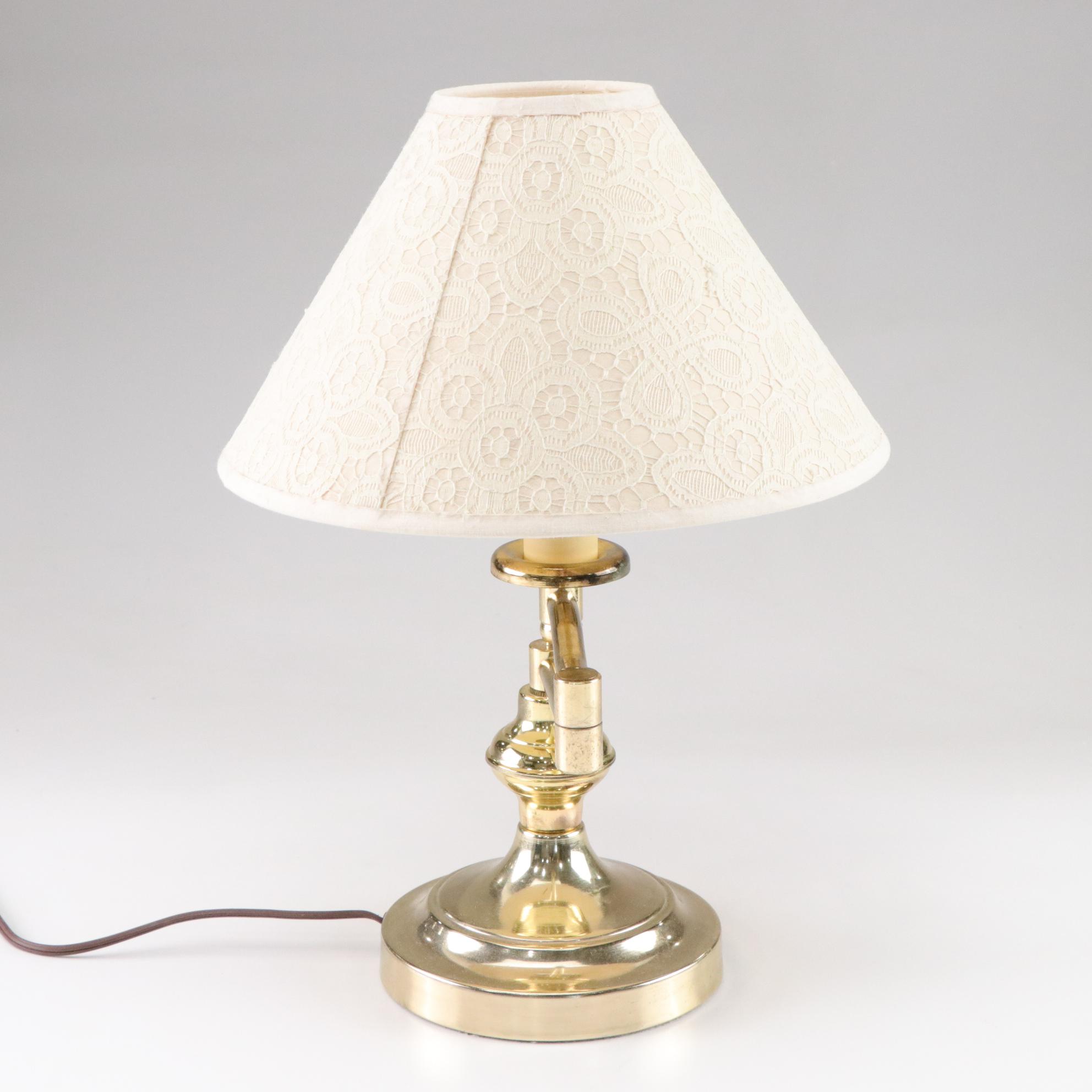 Brass Swing Arm Table Lamp with Lace Motif Shade