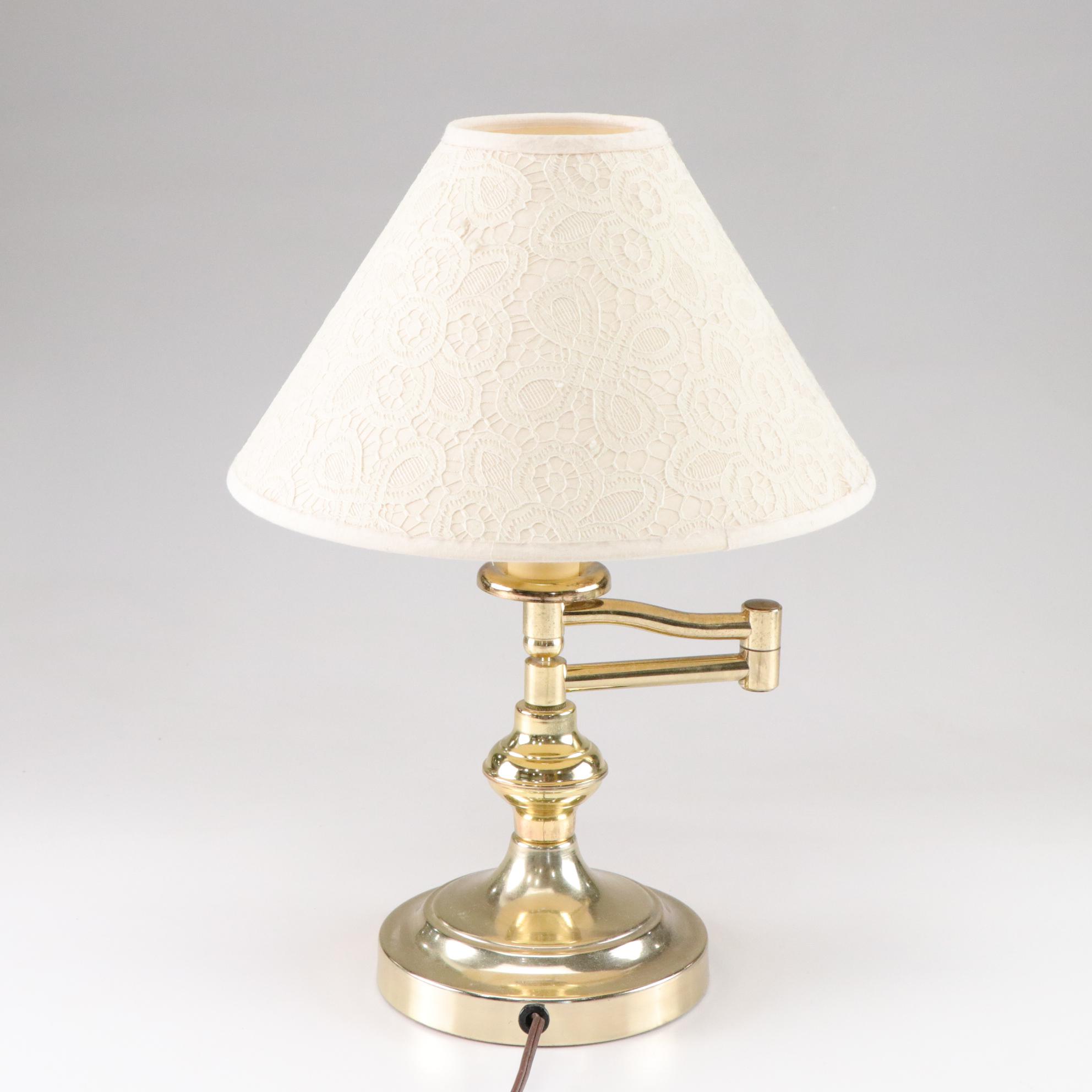 Brass Swing Arm Table Lamp with Lace Motif Shade