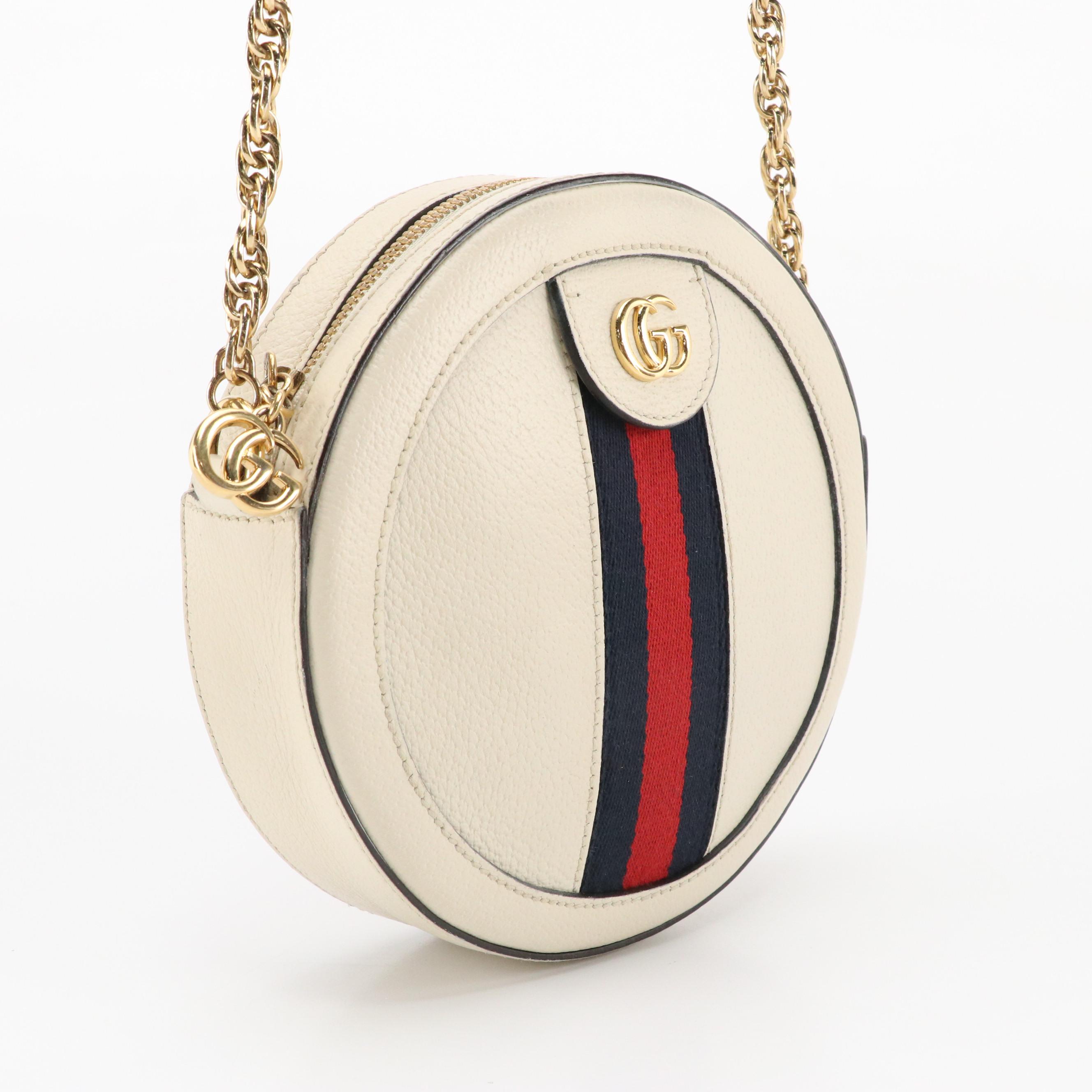 Gucci Ophidia Round Crossbody Bag in White Web Striped Leather