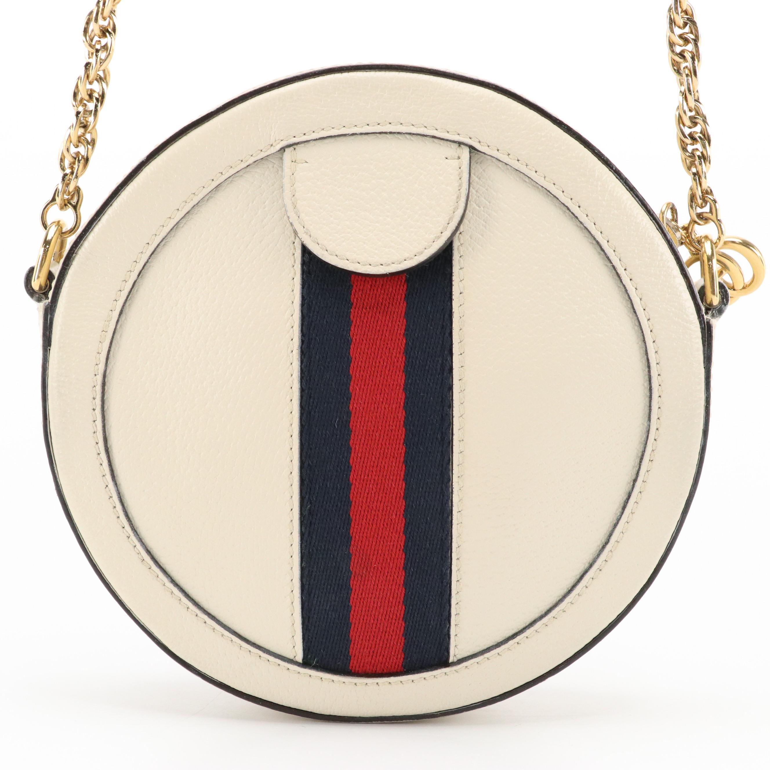 Gucci Ophidia Round Crossbody Bag in White Web Striped Leather