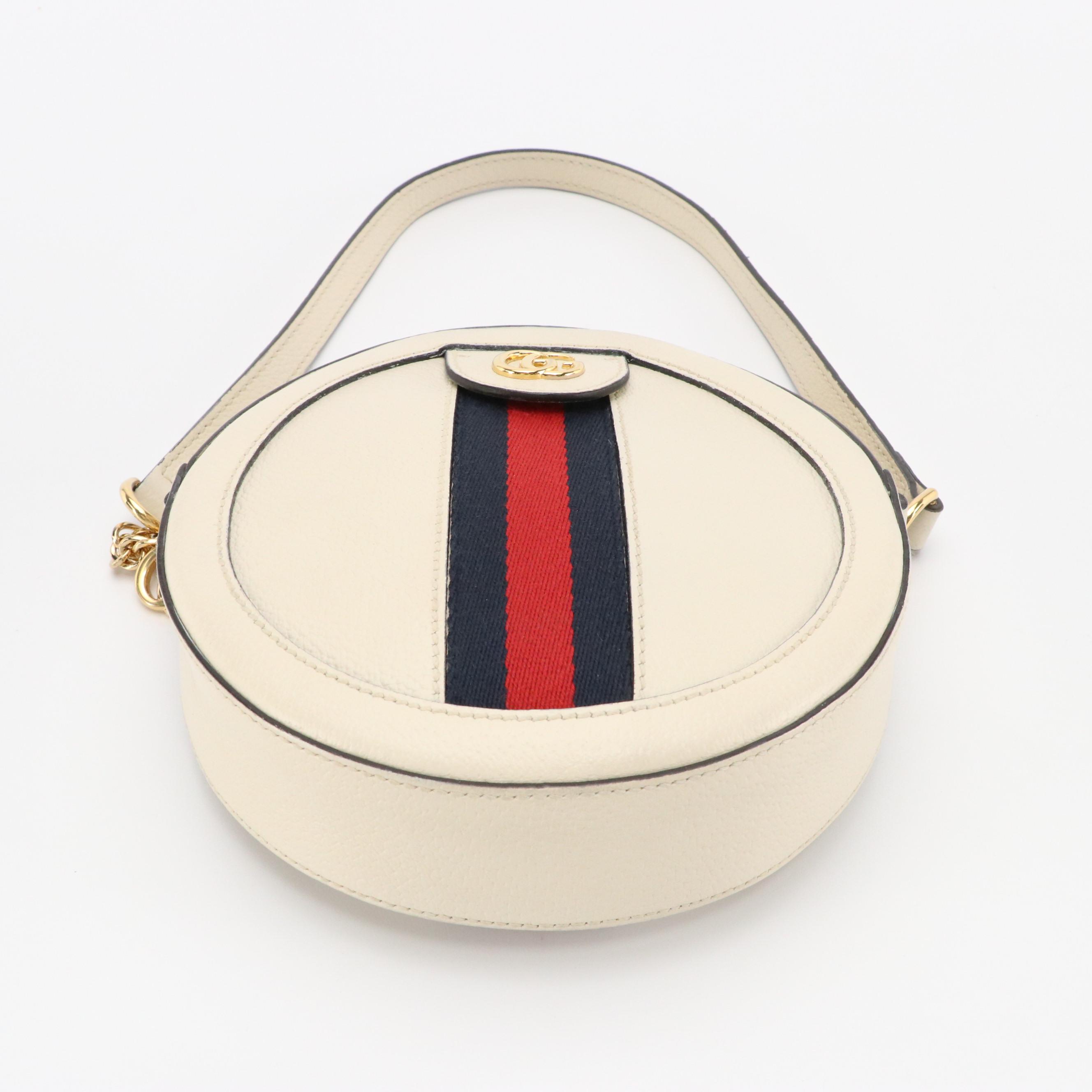 Gucci Ophidia Round Crossbody Bag in White Web Striped Leather