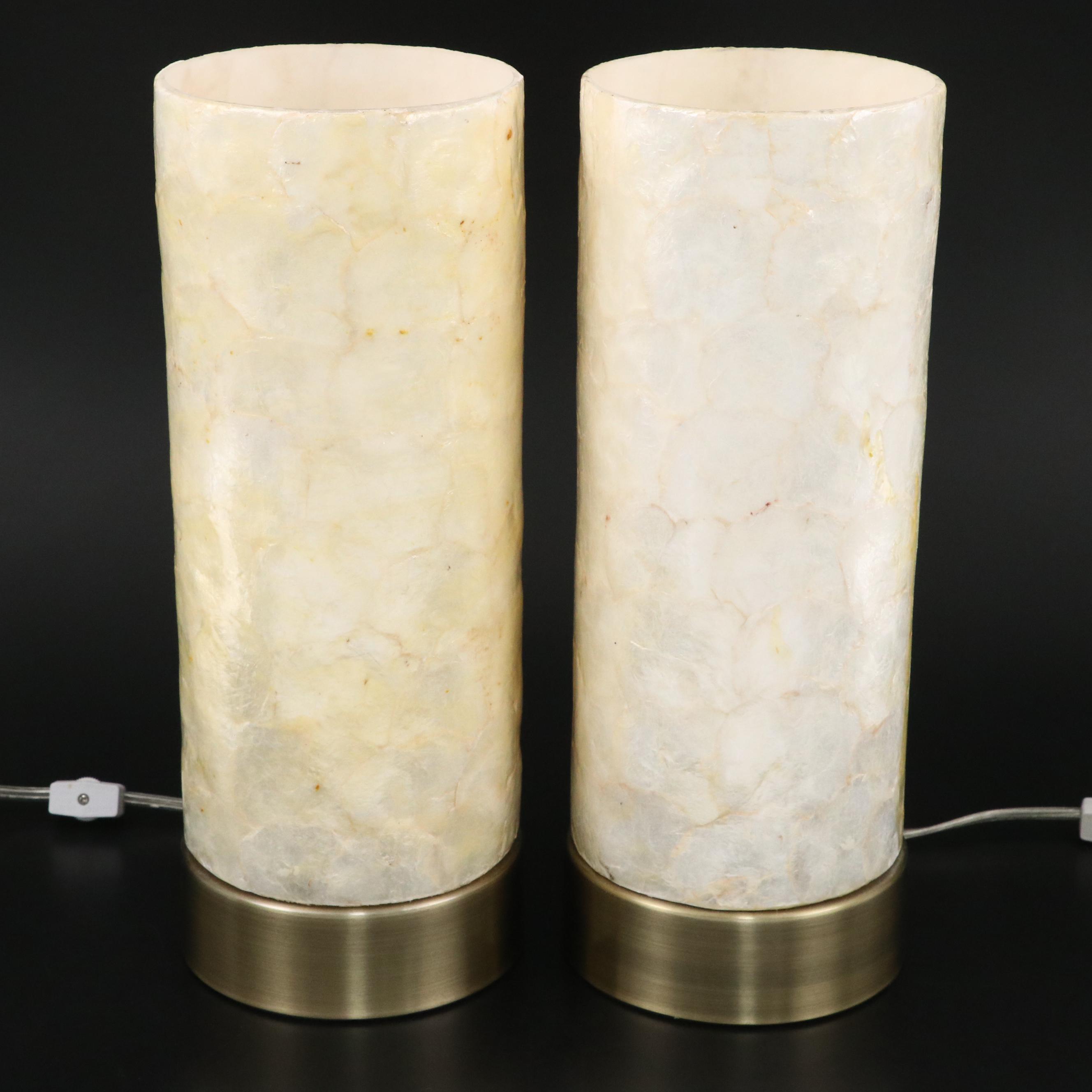 Pair of Capiz Shell and Brushed Brass Column Table Lamps, 2014