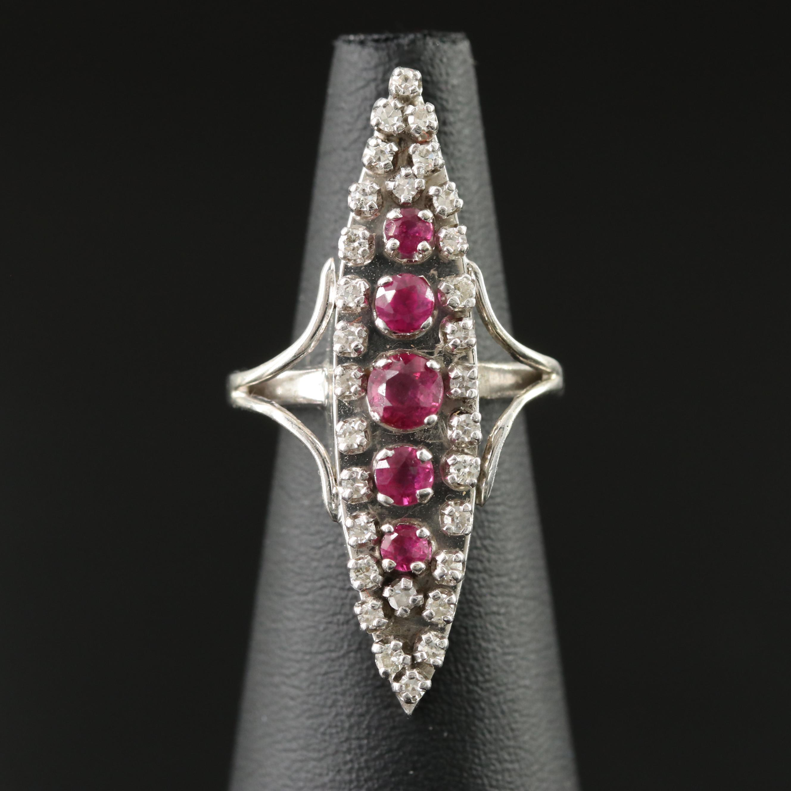 Antique 14K Ruby and Diamond Navette Ring with Palladium Top