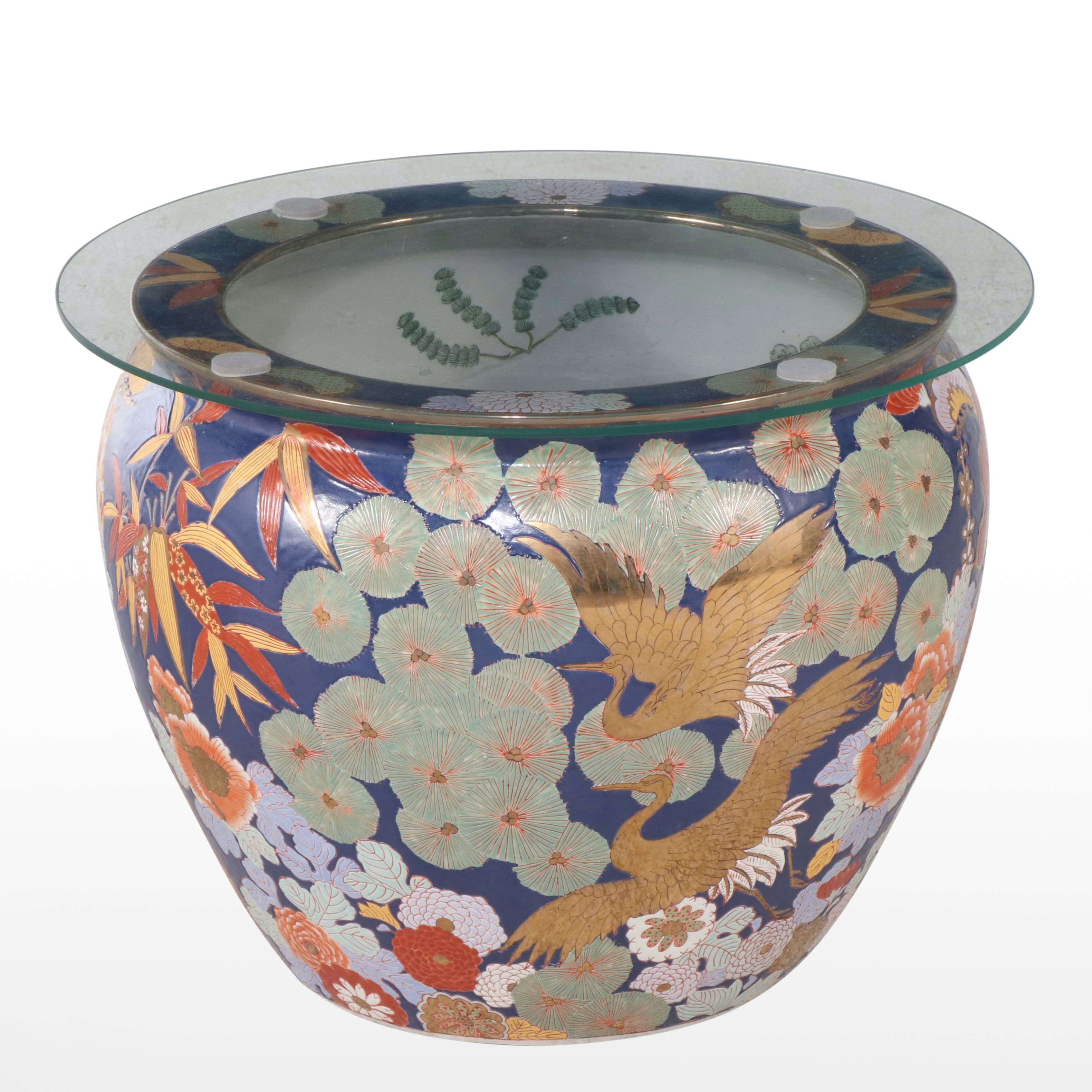 Chinese Gilt-Accent Ceramic Fishbowl Planter with Glass Tabletop