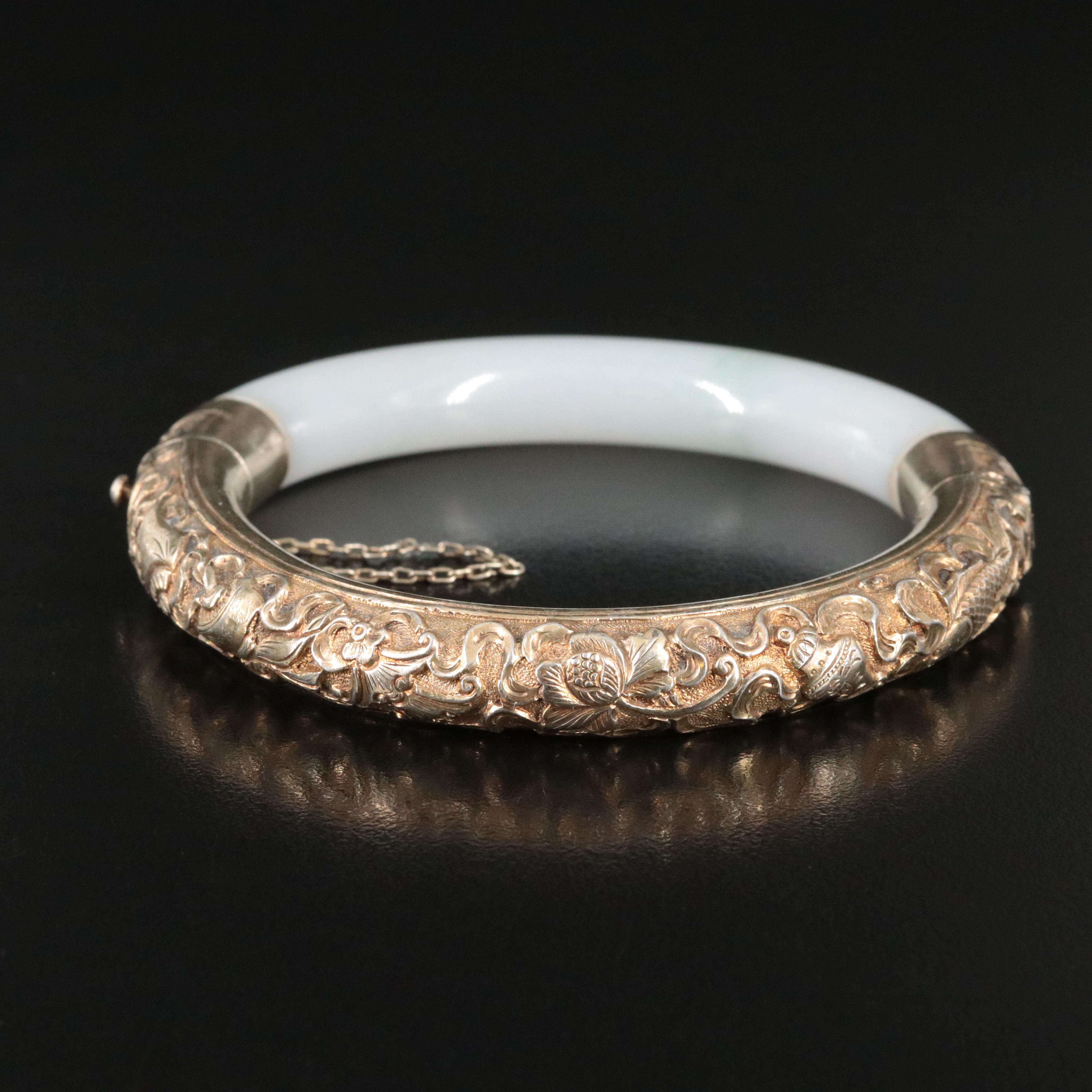 Chinese Sterling Jadeite  and Repousse Bracelet