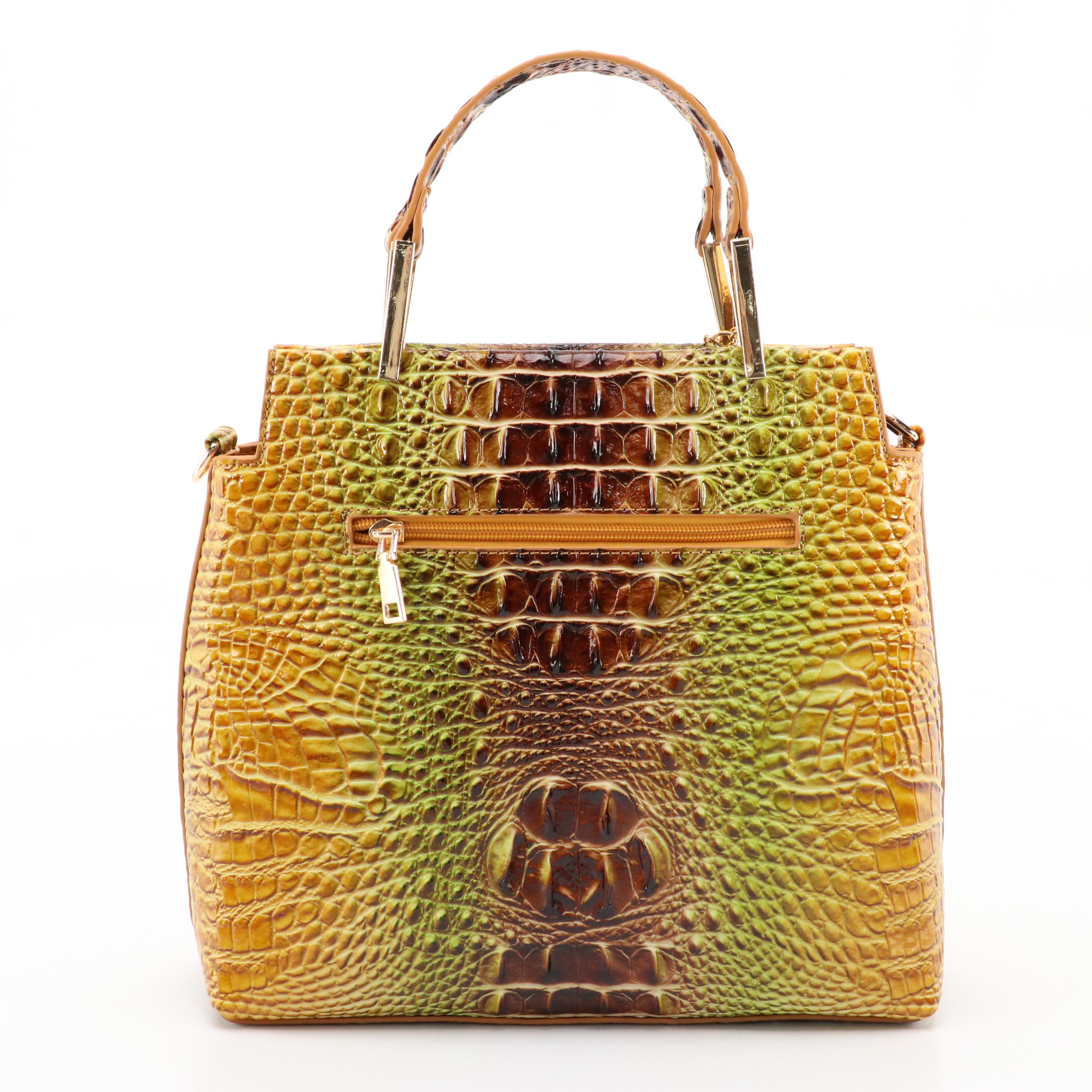 Two-Way Multicolor Croc Embossed Tote Bag with Zip Pouch and Flower Bag Charm