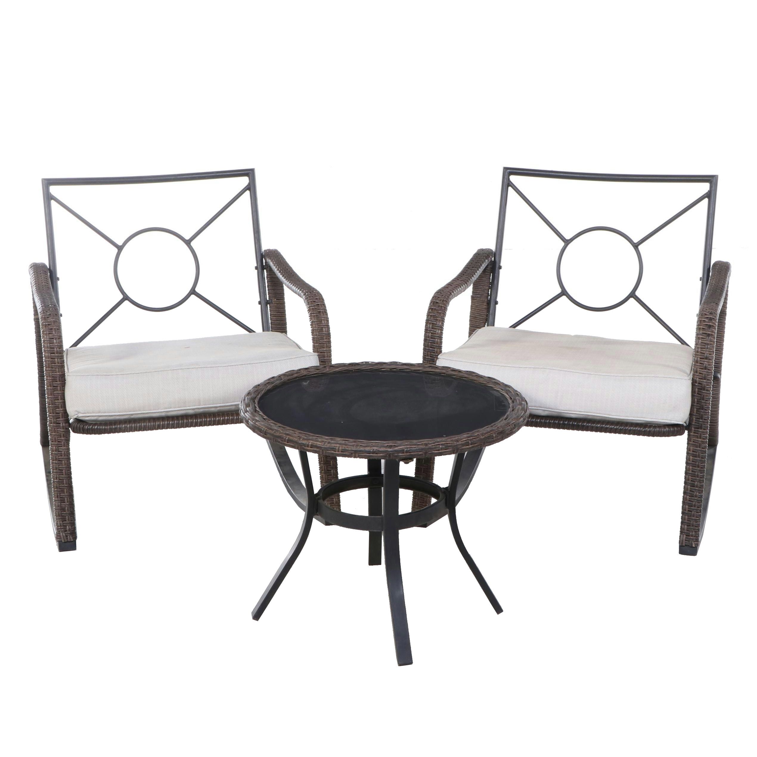 PE Rattan Rocker Chairs with Upholstered Cushions, and Accent Table