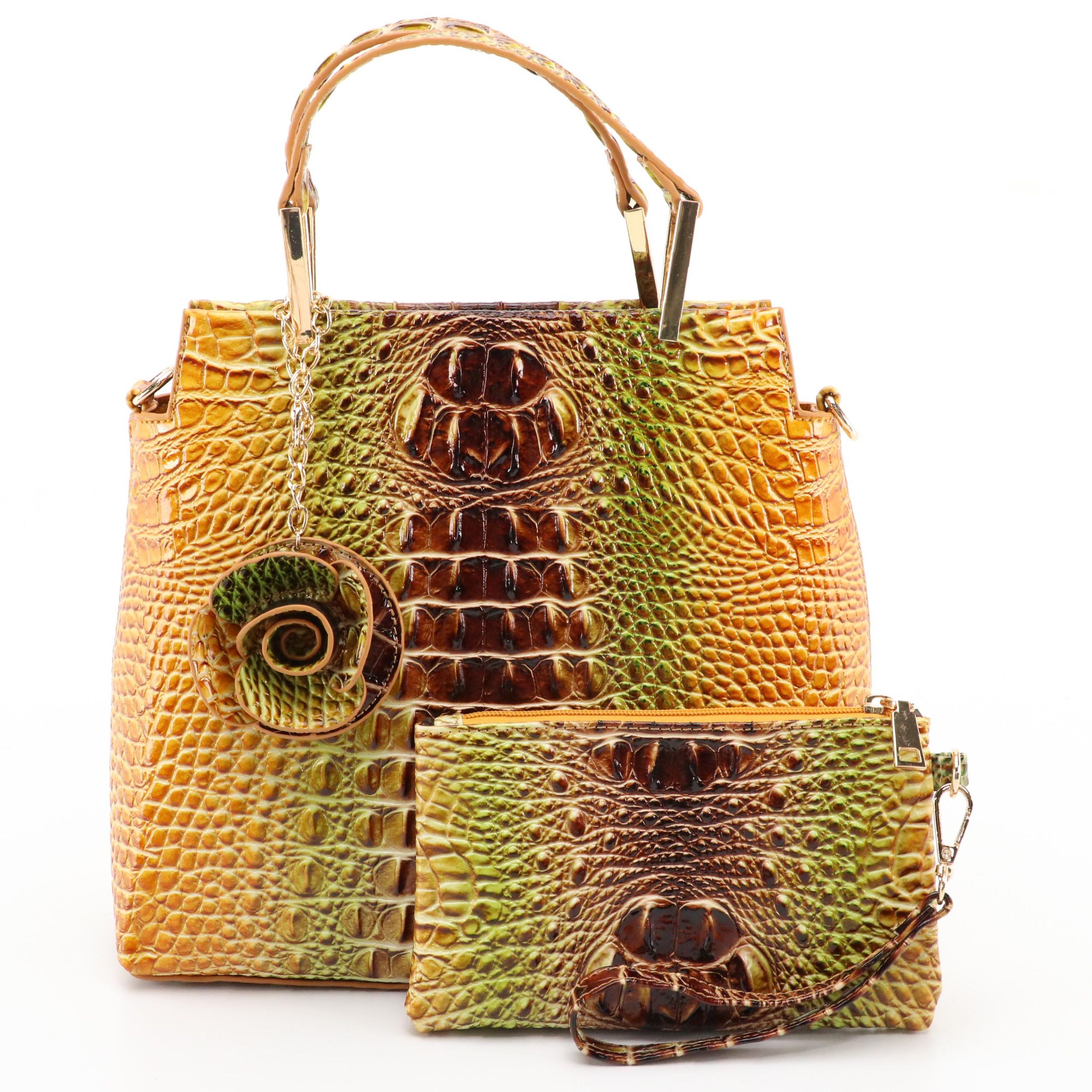 Two-Way Multicolor Croc Embossed Tote Bag with Zip Pouch and Flower Bag Charm