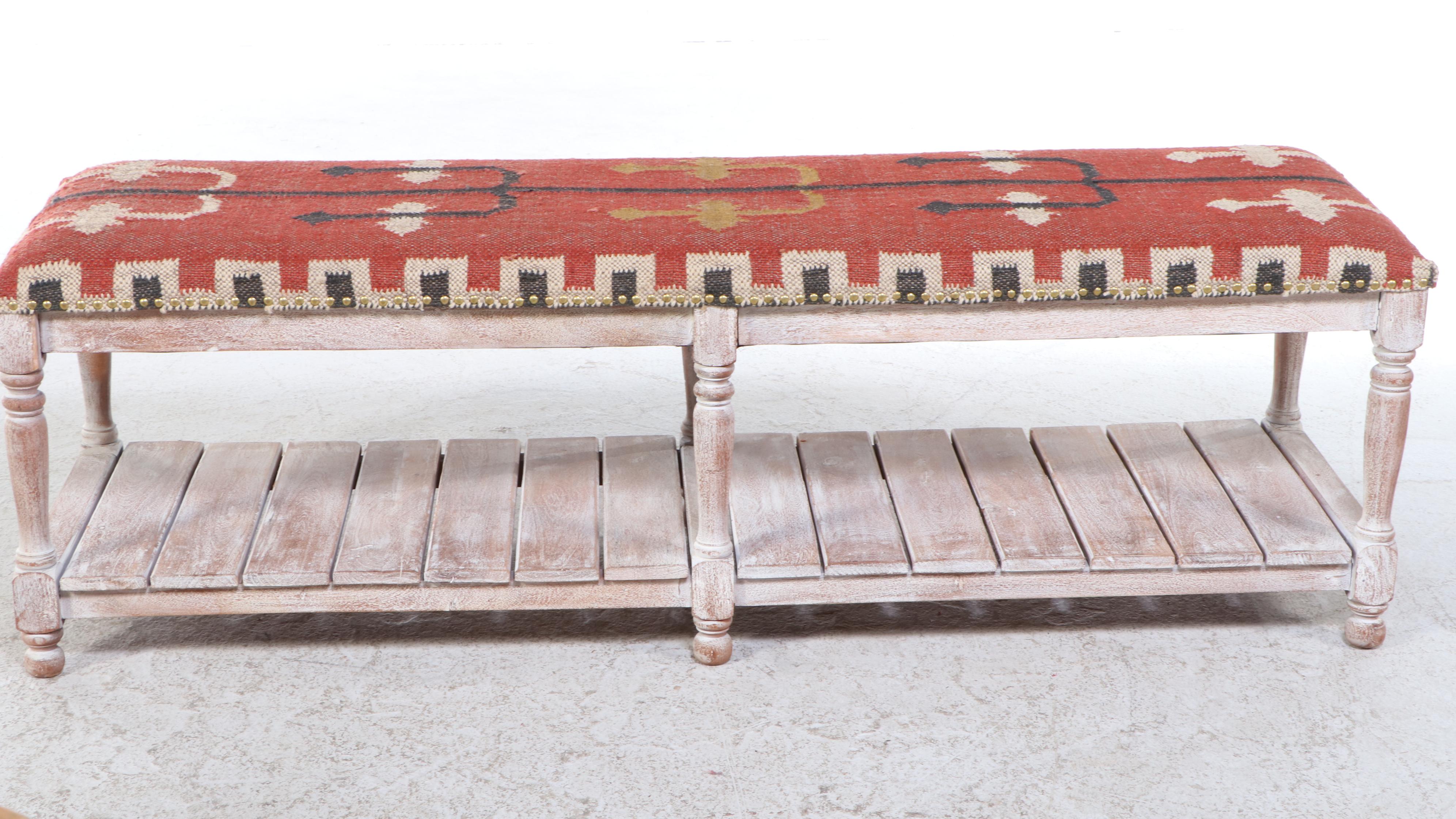 Handwoven Kilim Upholstered Wood Bench