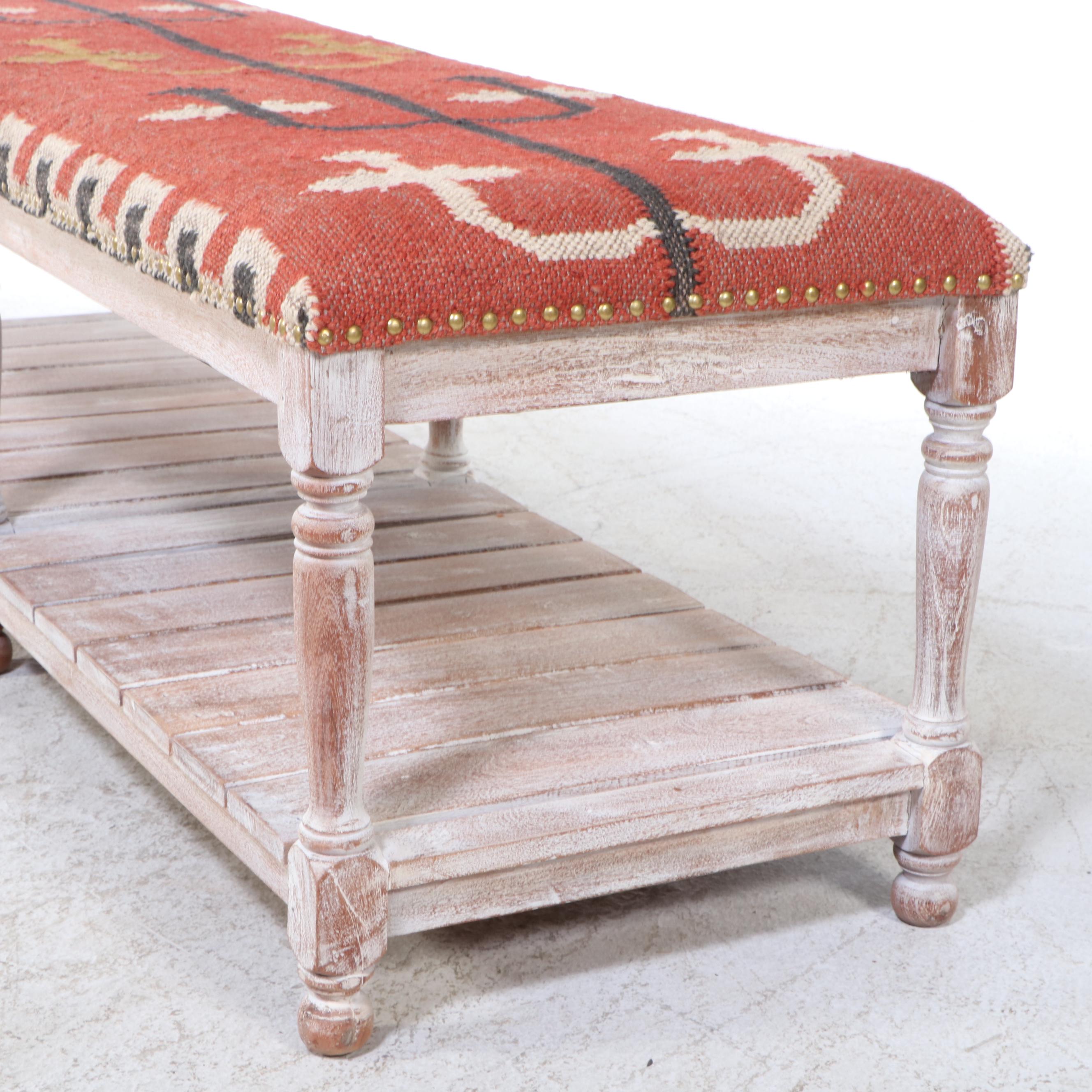 Handwoven Kilim Upholstered Wood Bench