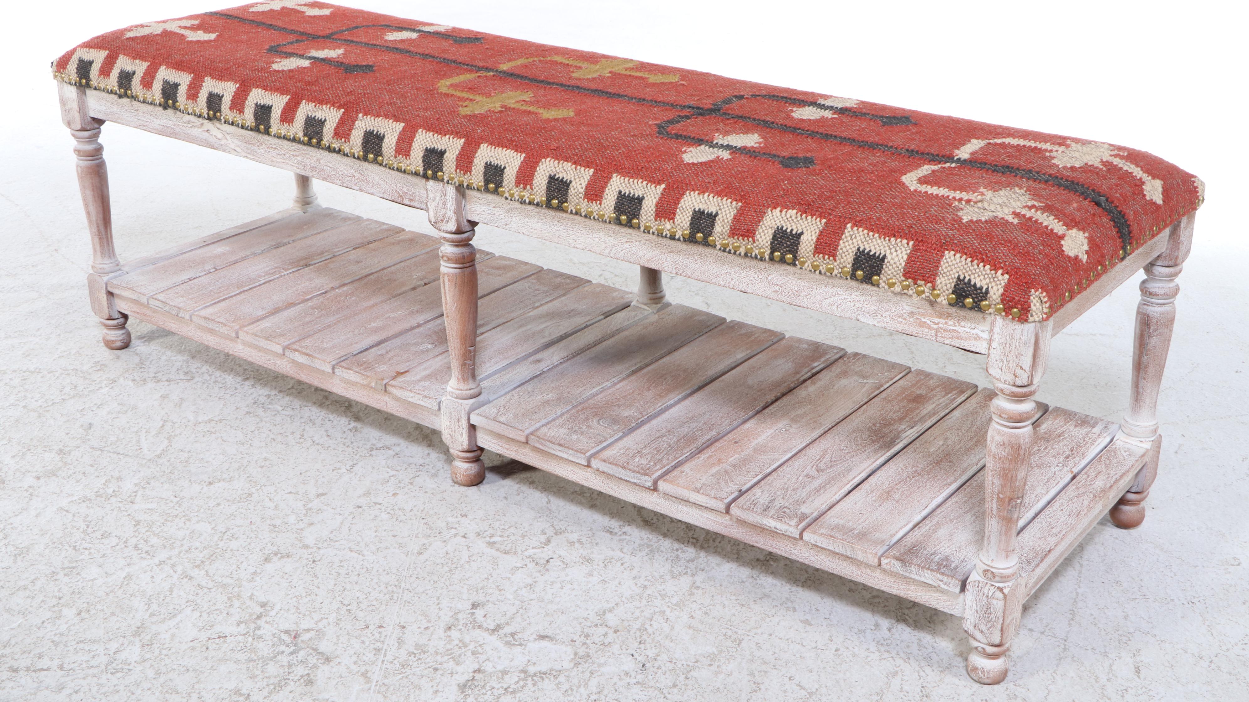 Handwoven Kilim Upholstered Wood Bench