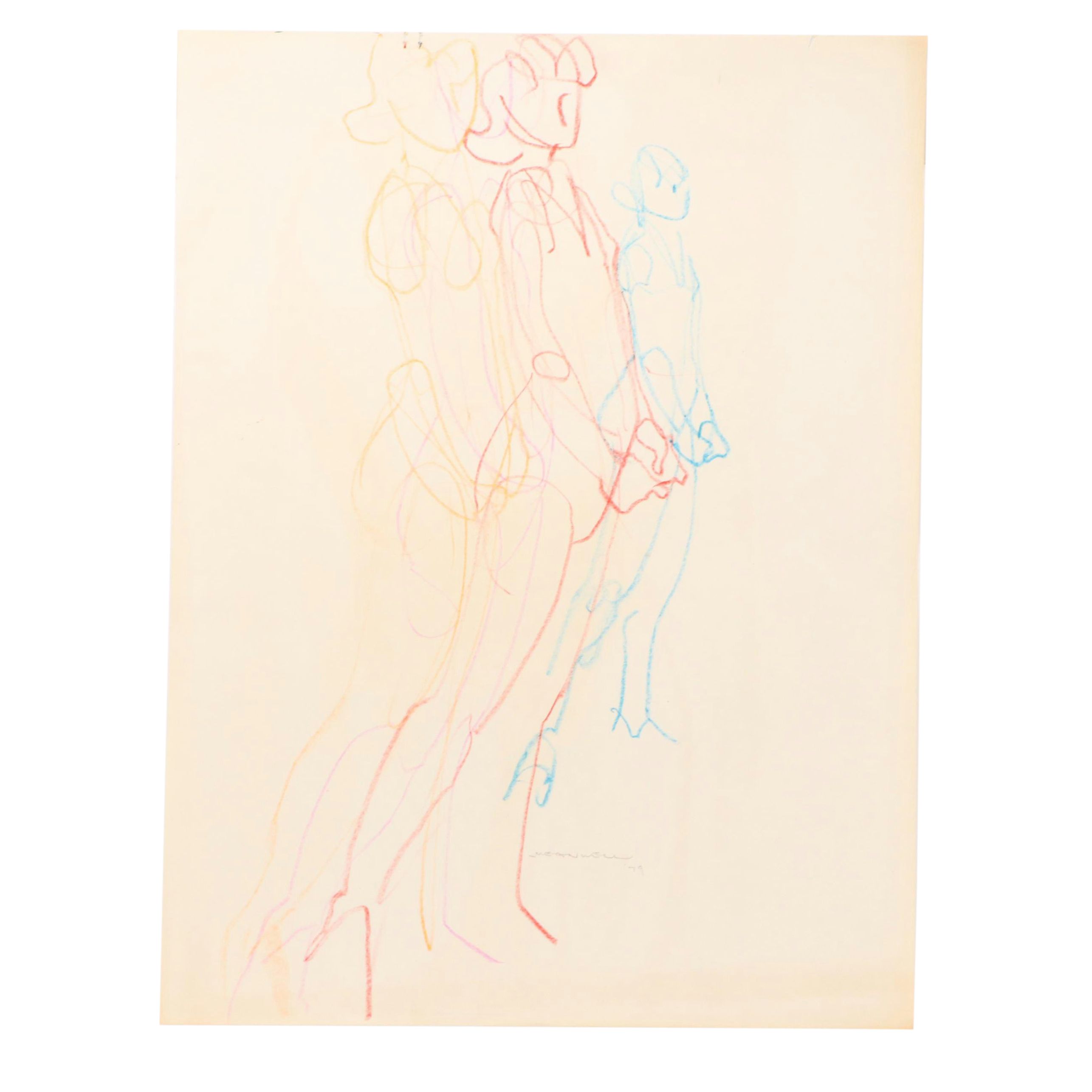 Jack Meanwell Modern Figural Oil Pastel Drawing, 1979