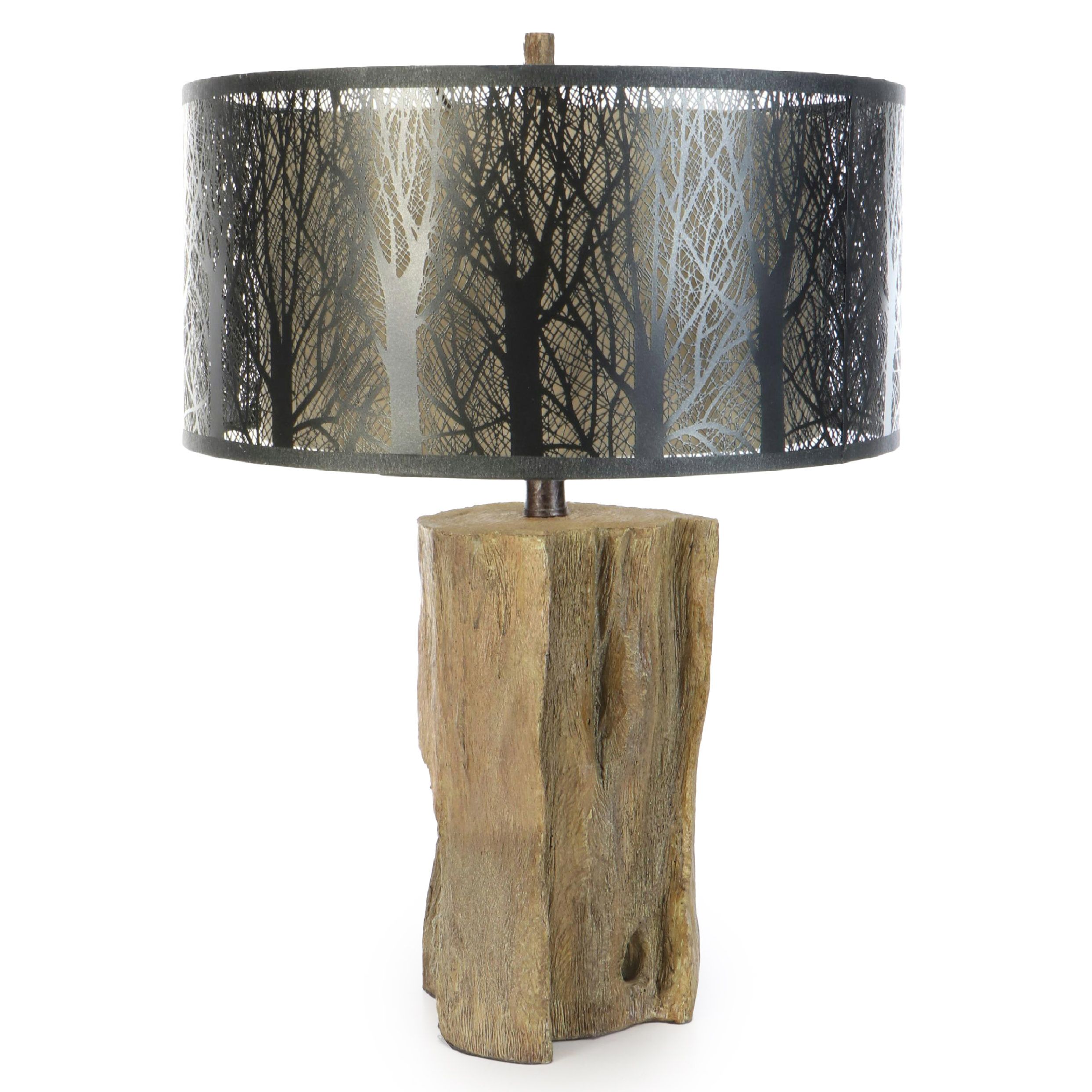 Resin Driftwood Style Table Lamp and Drum Shade with Metal Treeline Silhouette