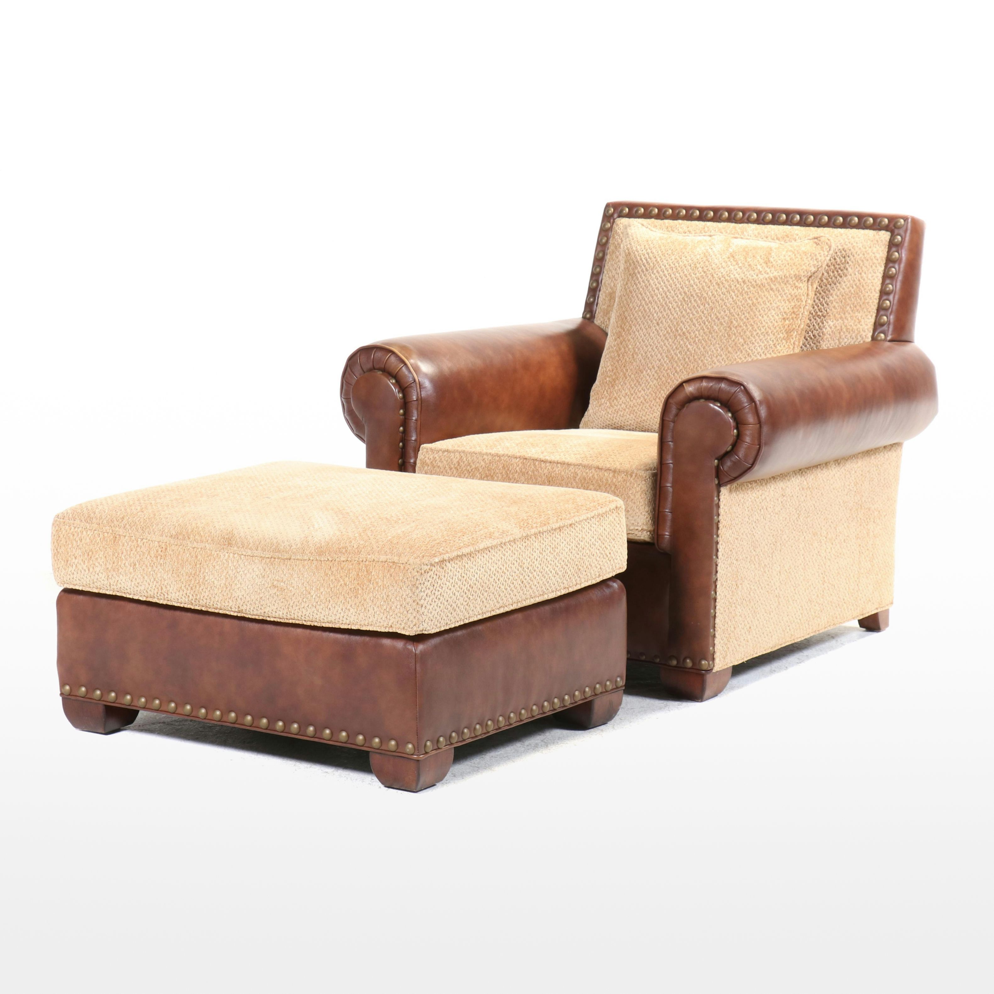 Century Furniture Custom-Upholstered Easy Armchair and Ottoman with Nailheads