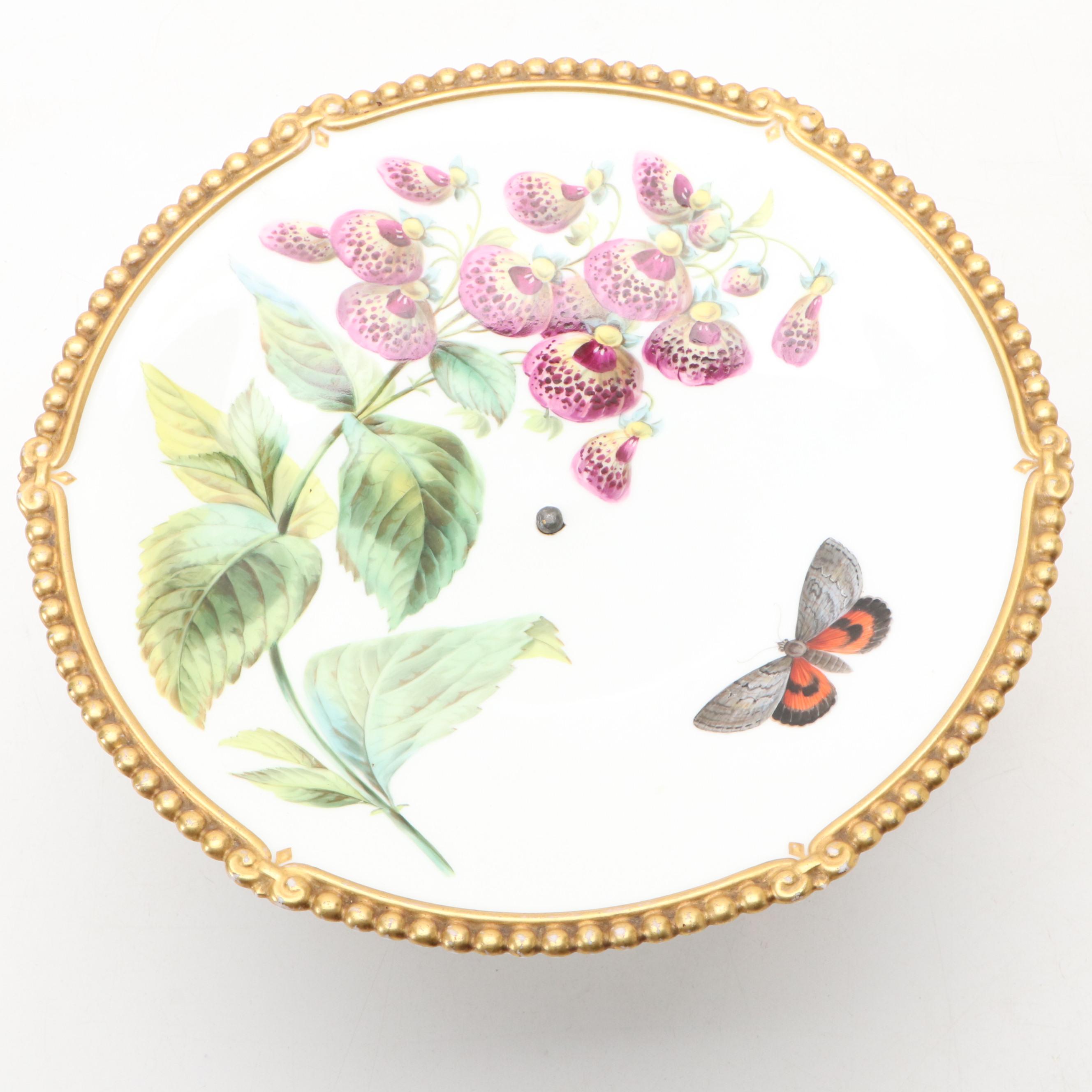 English Porcelain Botanical Pattern Tazza, Late 19th Century