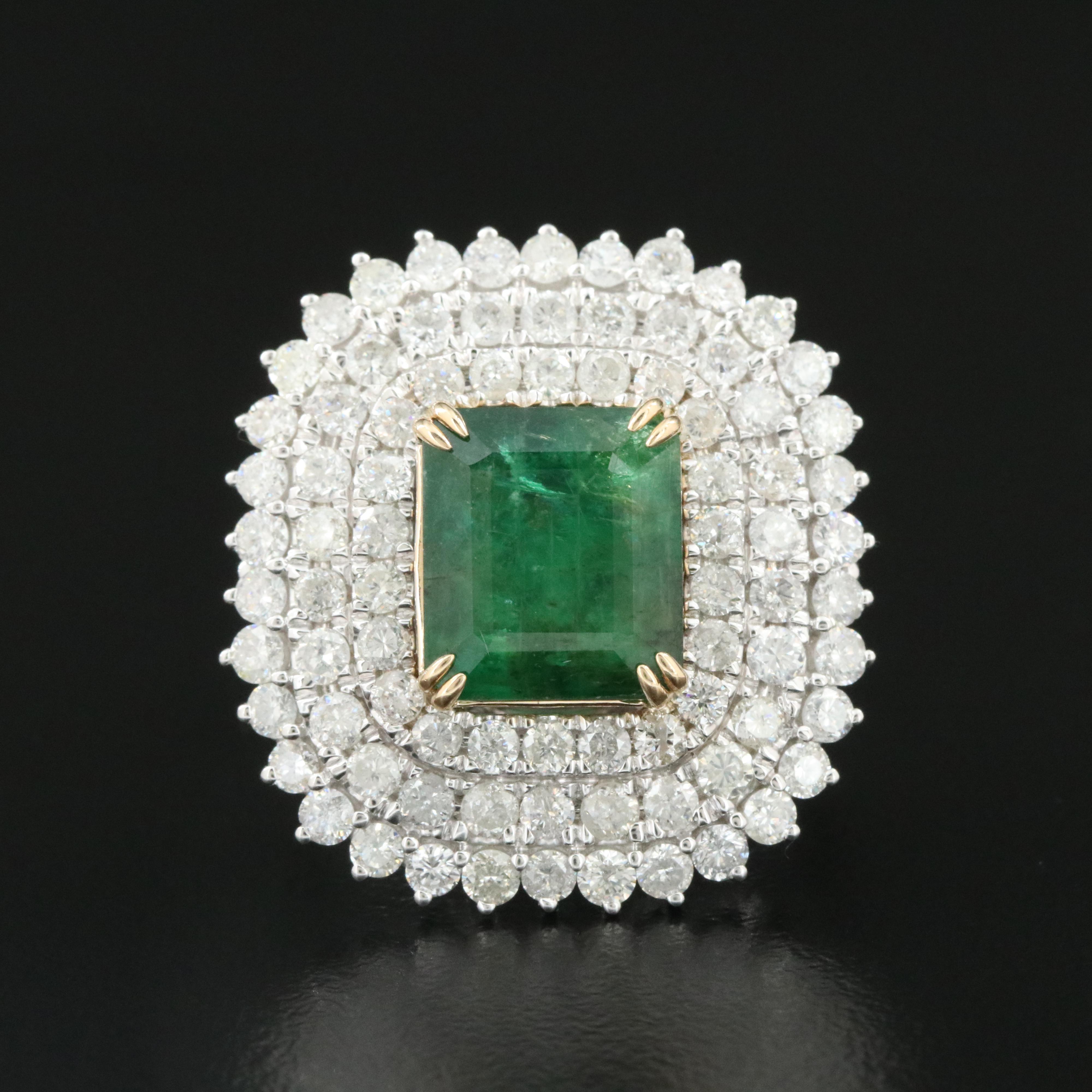 14K 3.60 CT Emerald and 2.60 CTW Diamond Triple Halo Ring