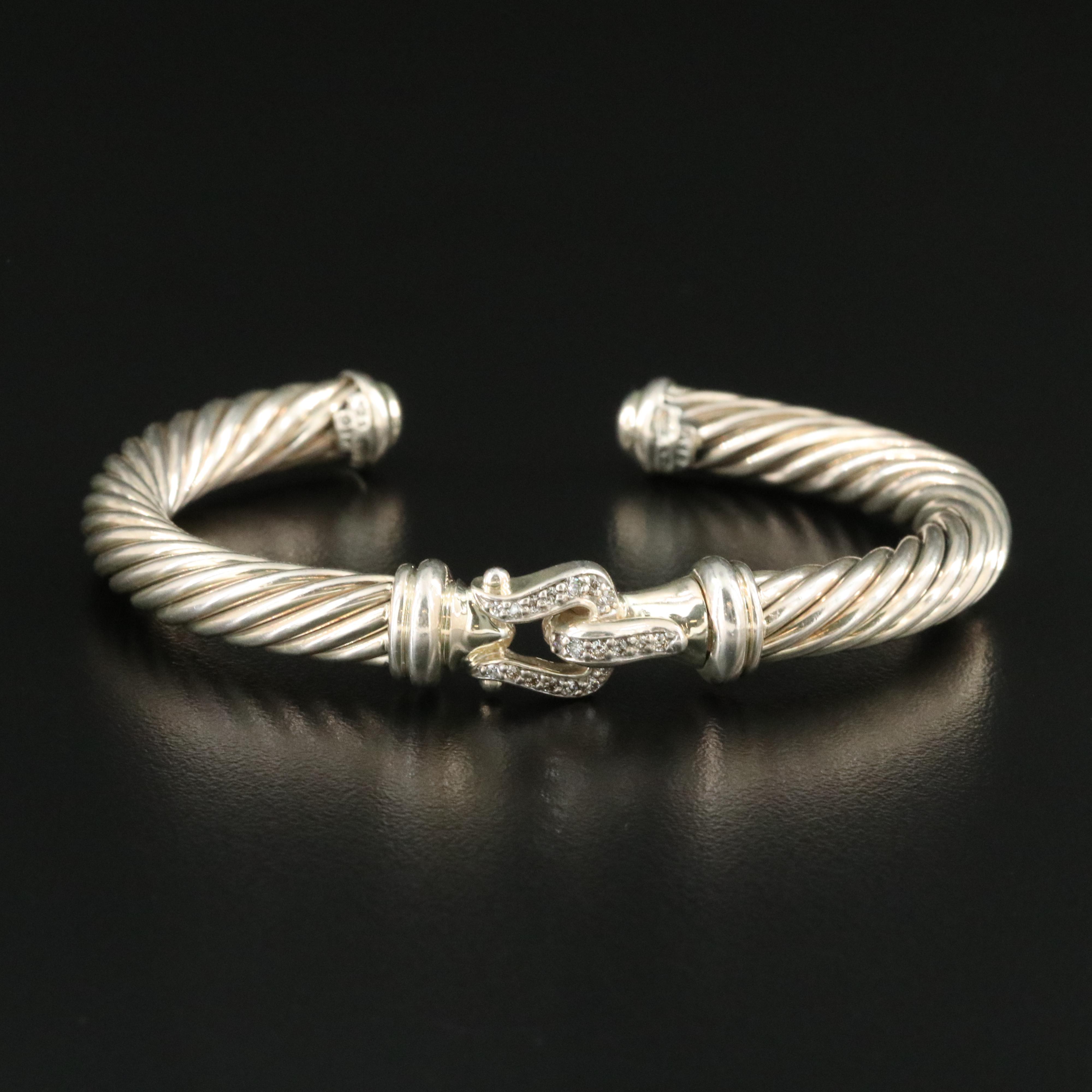 David Yurman Sterling and Diamond Buckle Hinged Cuff Bracelet