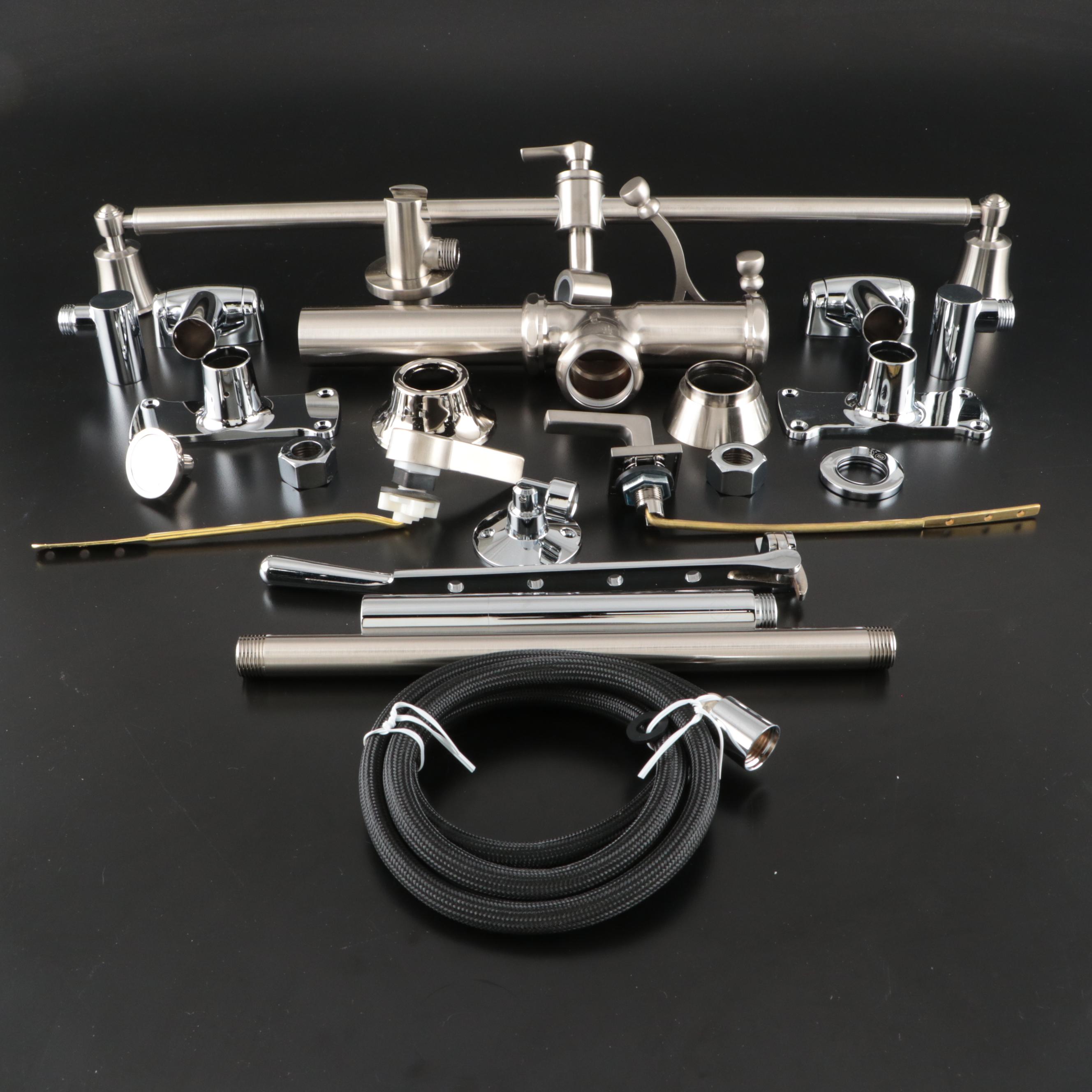 Brushed Nickel Shower Bar with Chrome Flanges, Rod Holders, Handles and More