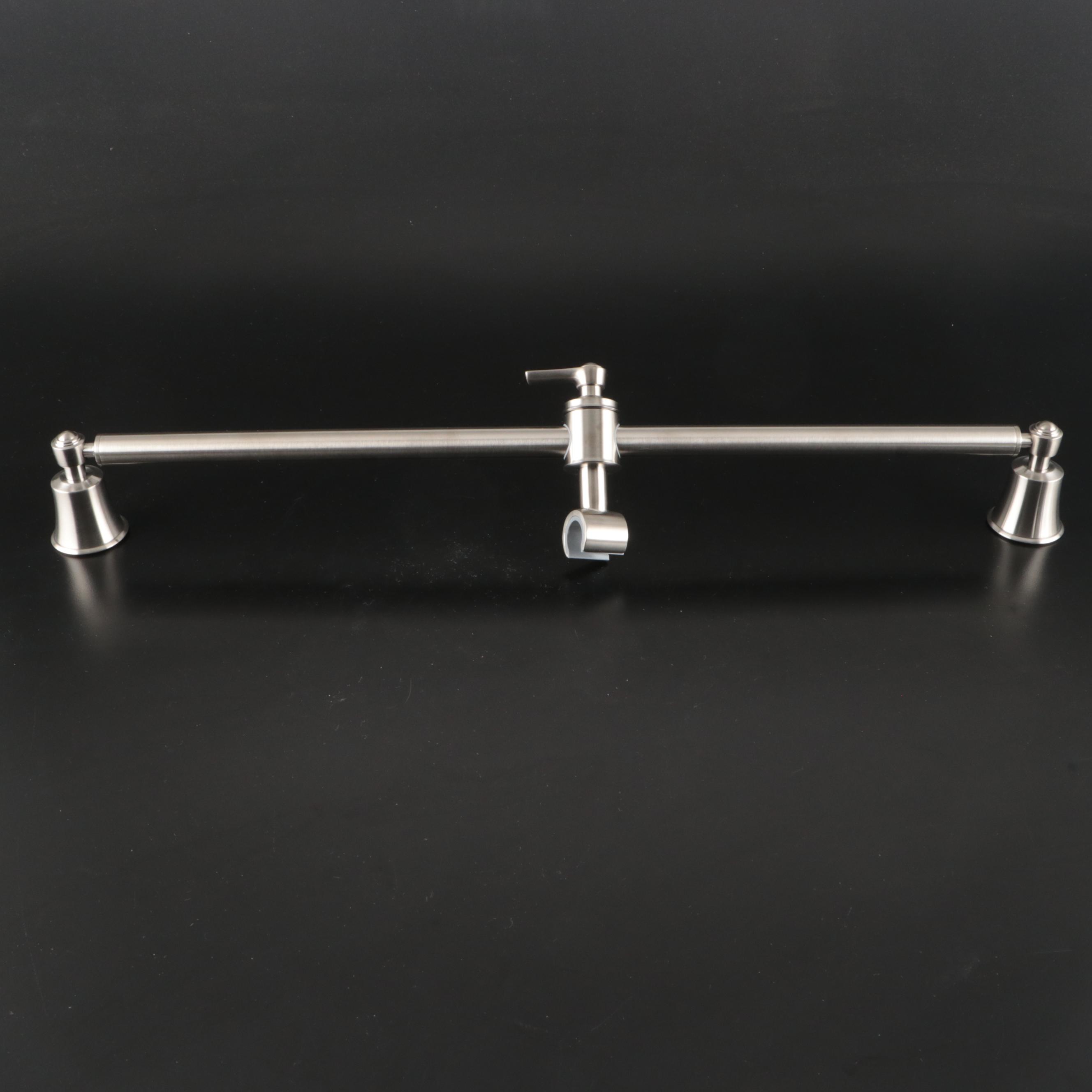 Brushed Nickel Shower Bar with Chrome Flanges, Rod Holders, Handles and More