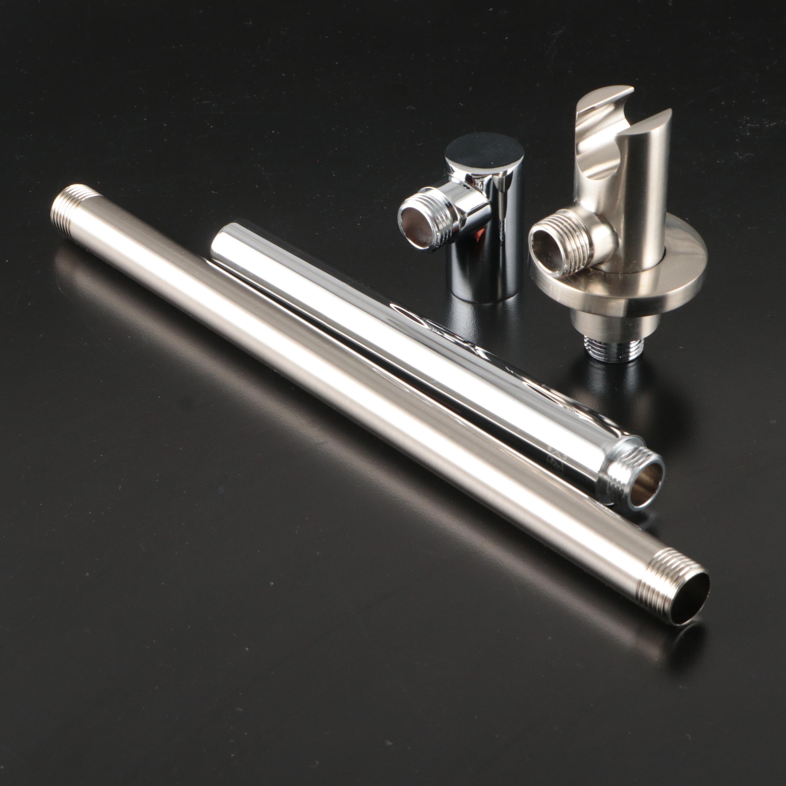 Brushed Nickel Shower Bar with Chrome Flanges, Rod Holders, Handles and More