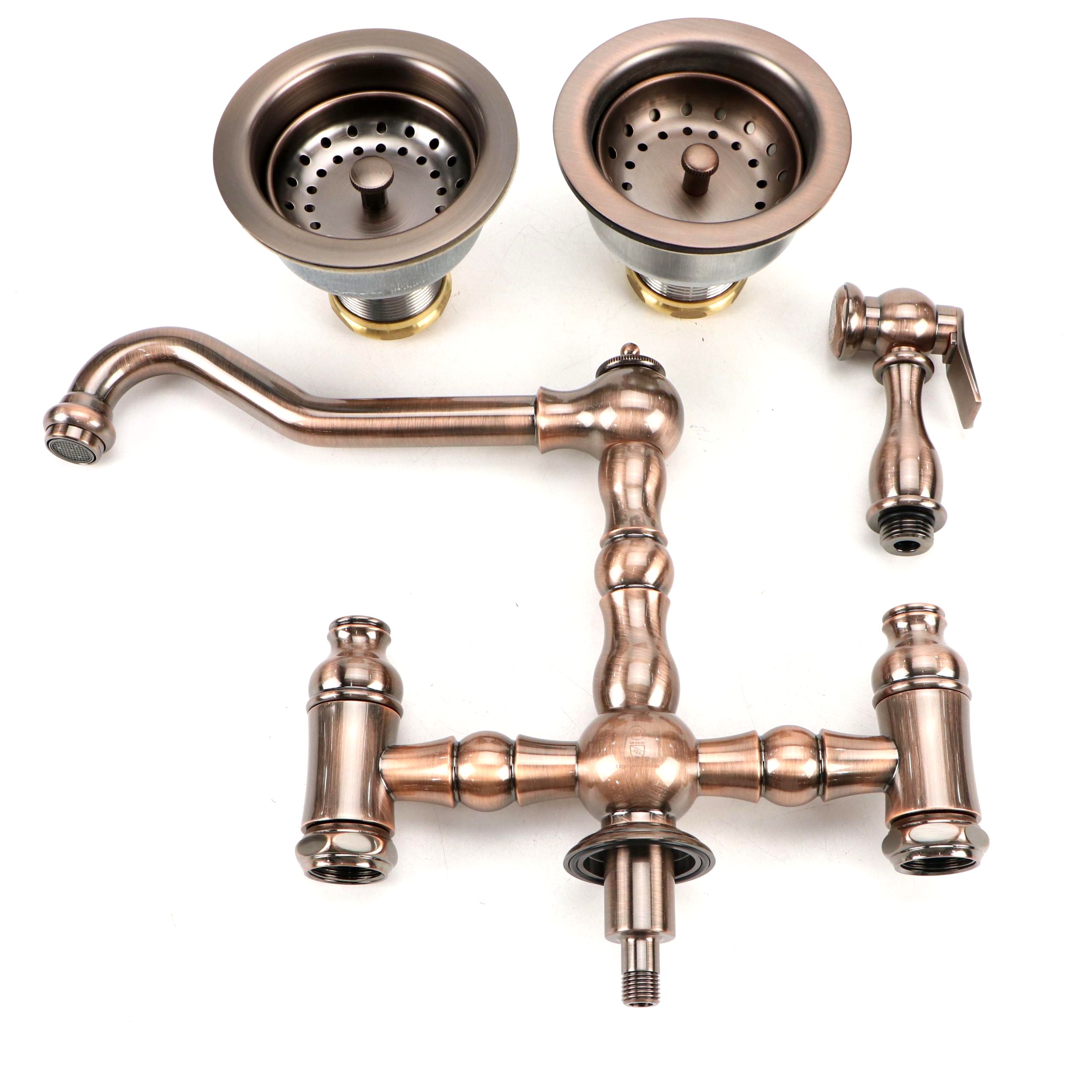 Rubbed Bronze Mount Bridge Faucet with Handspray and Kitchen Sink Strainer