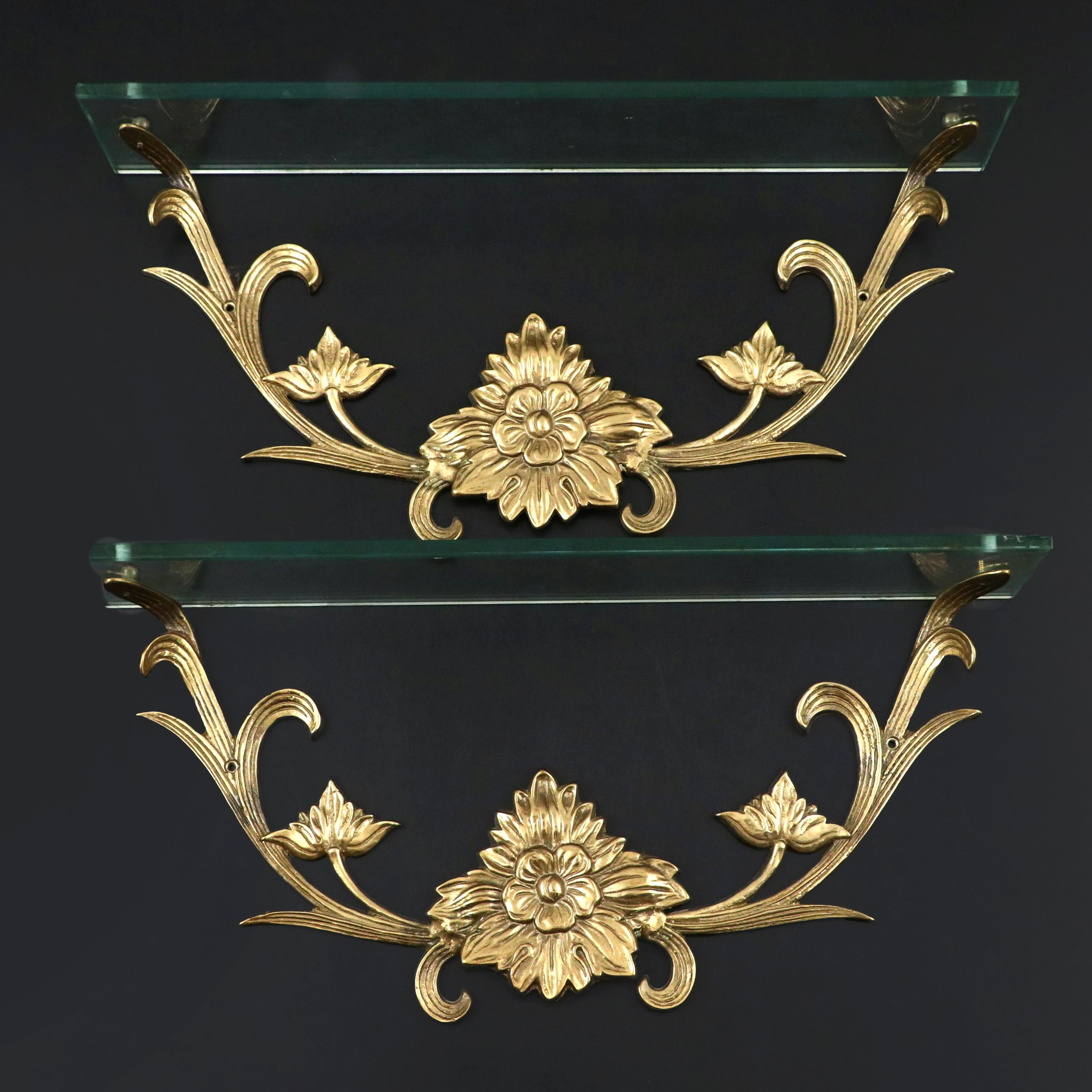 Art Nouveau Style Brass and Glass Floating Shelves
