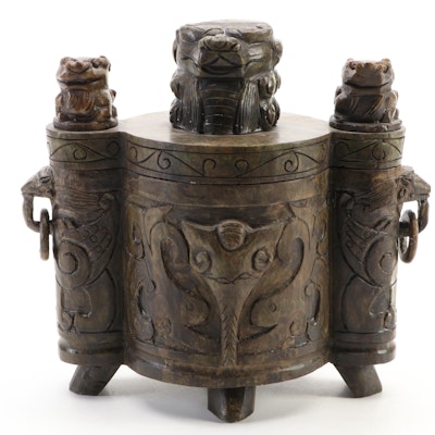 Chinese Carved Serpentine Guardian Lion and Drop-Ring Handled Censer Chinese Carved Serpentine Guardian Lion and Drop-Ring Handled Censer