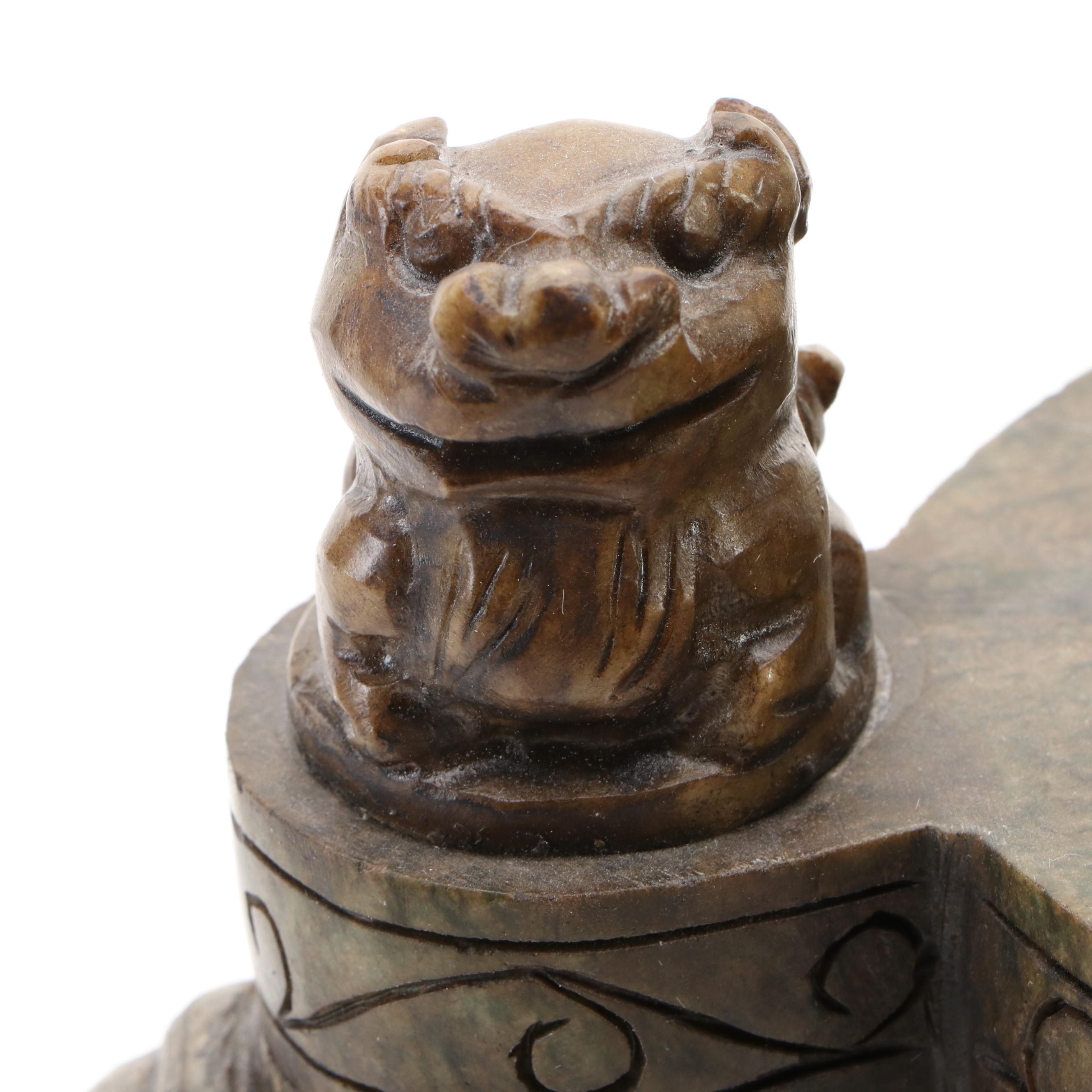 Chinese Carved Serpentine Guardian Lion and Drop-Ring Handled Censer