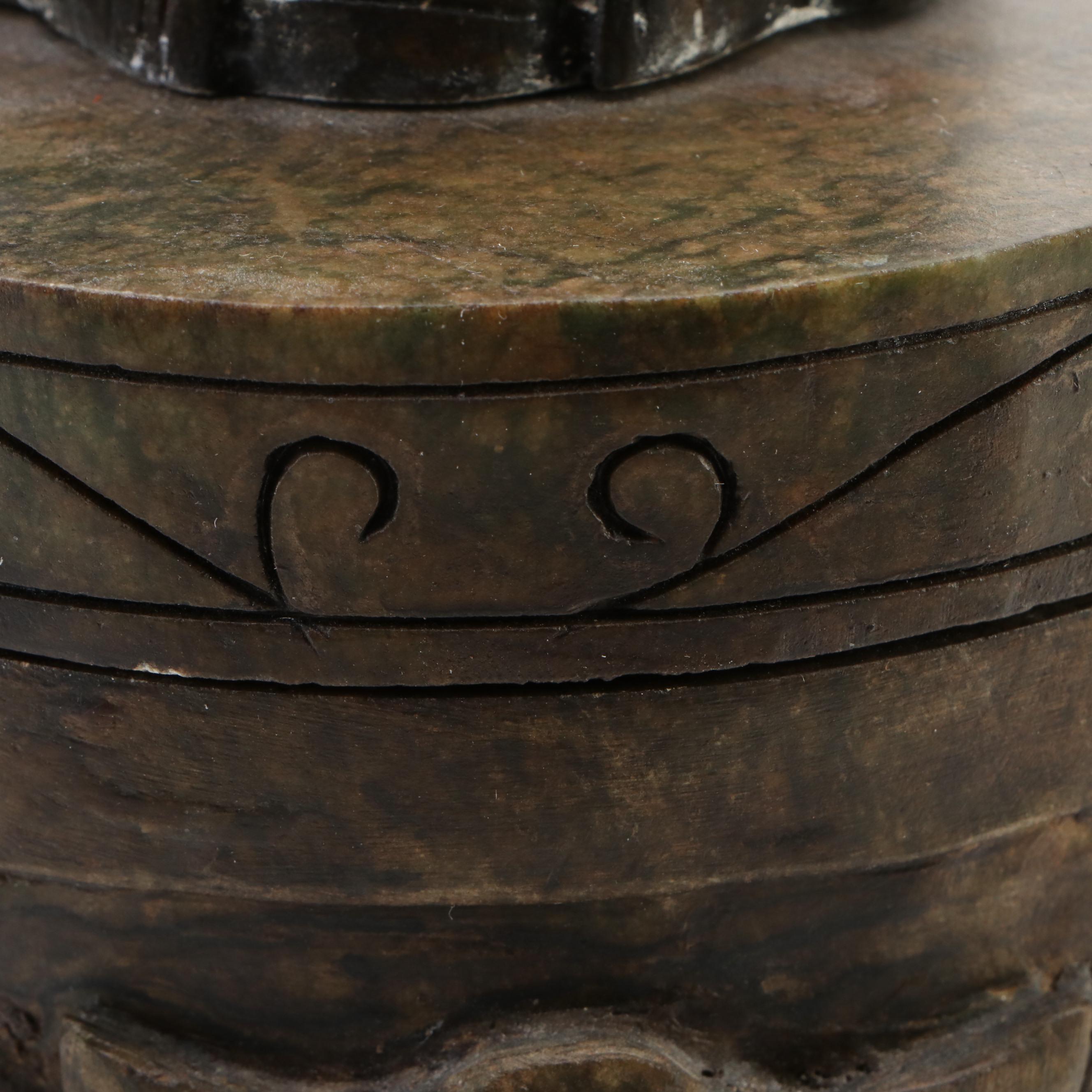 Chinese Carved Serpentine Guardian Lion and Drop-Ring Handled Censer