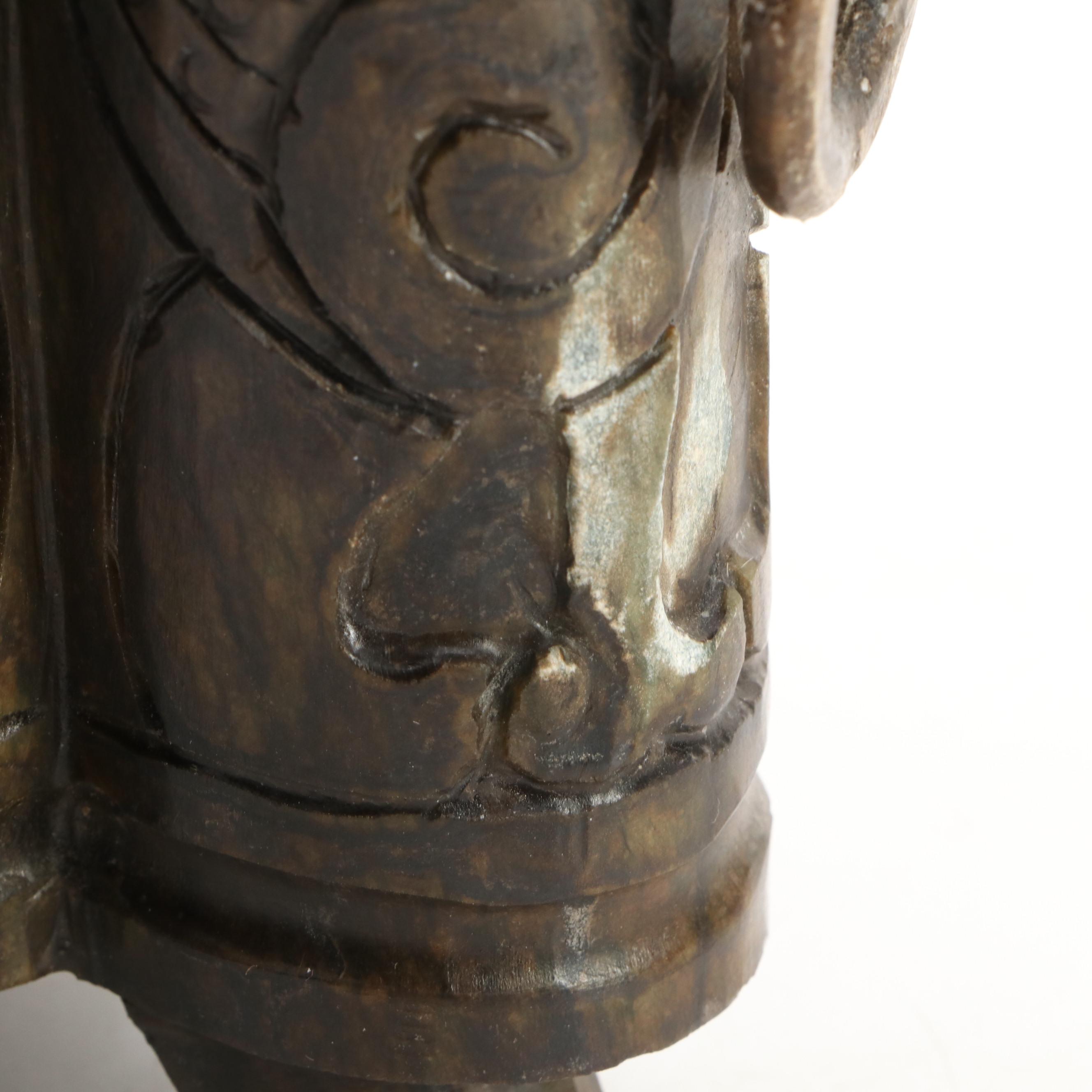 Chinese Carved Serpentine Guardian Lion and Drop-Ring Handled Censer