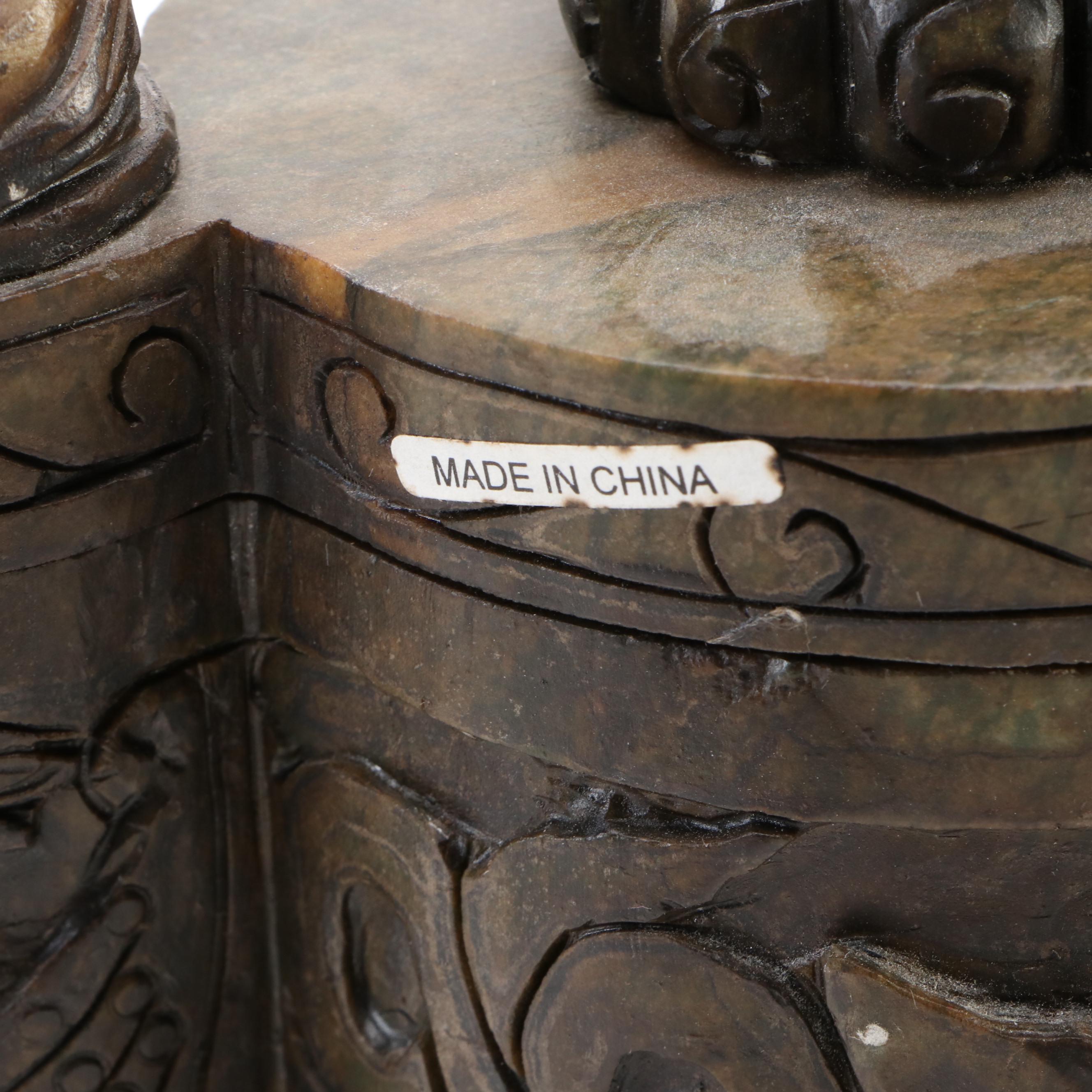 Chinese Carved Serpentine Guardian Lion and Drop-Ring Handled Censer