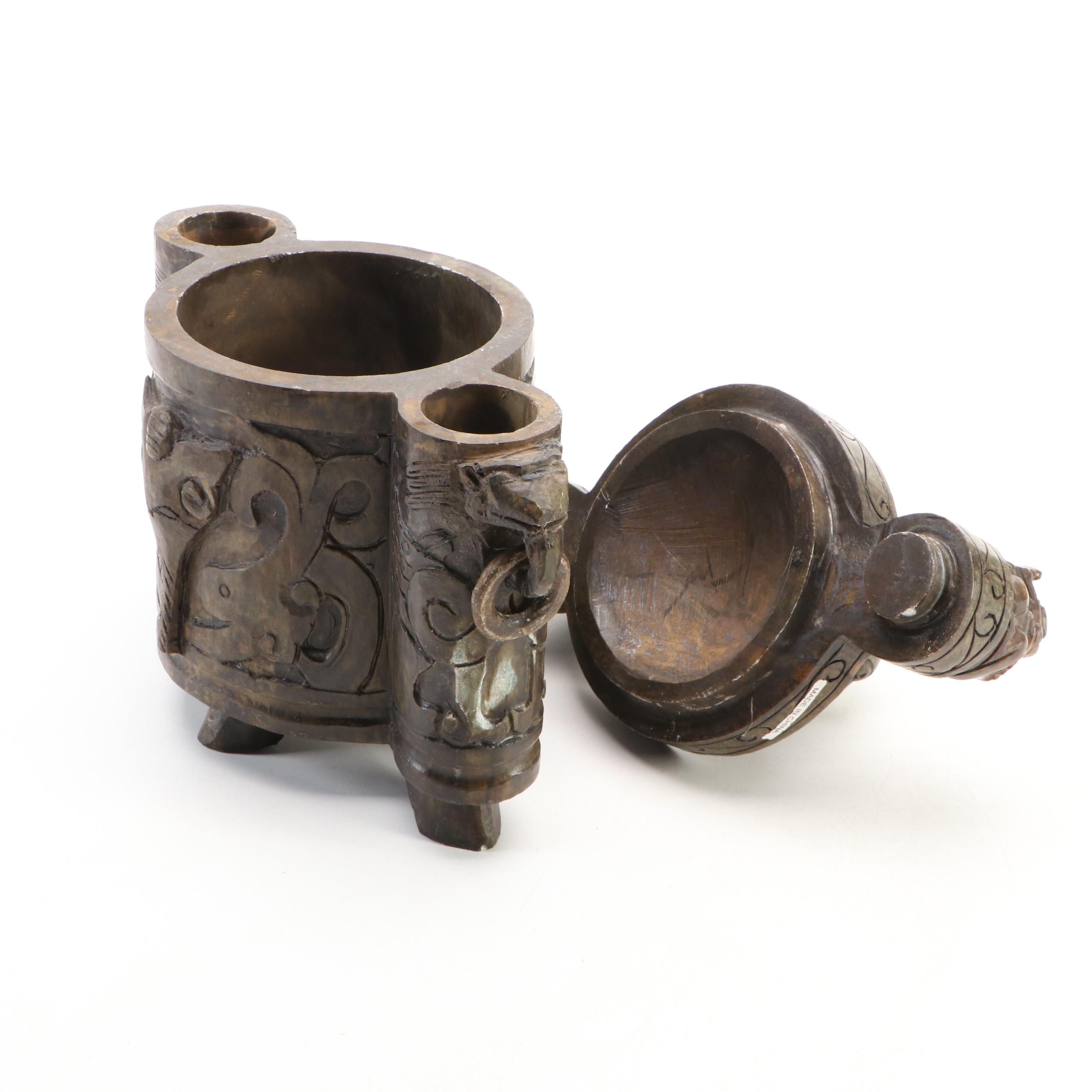 Chinese Carved Serpentine Guardian Lion and Drop-Ring Handled Censer