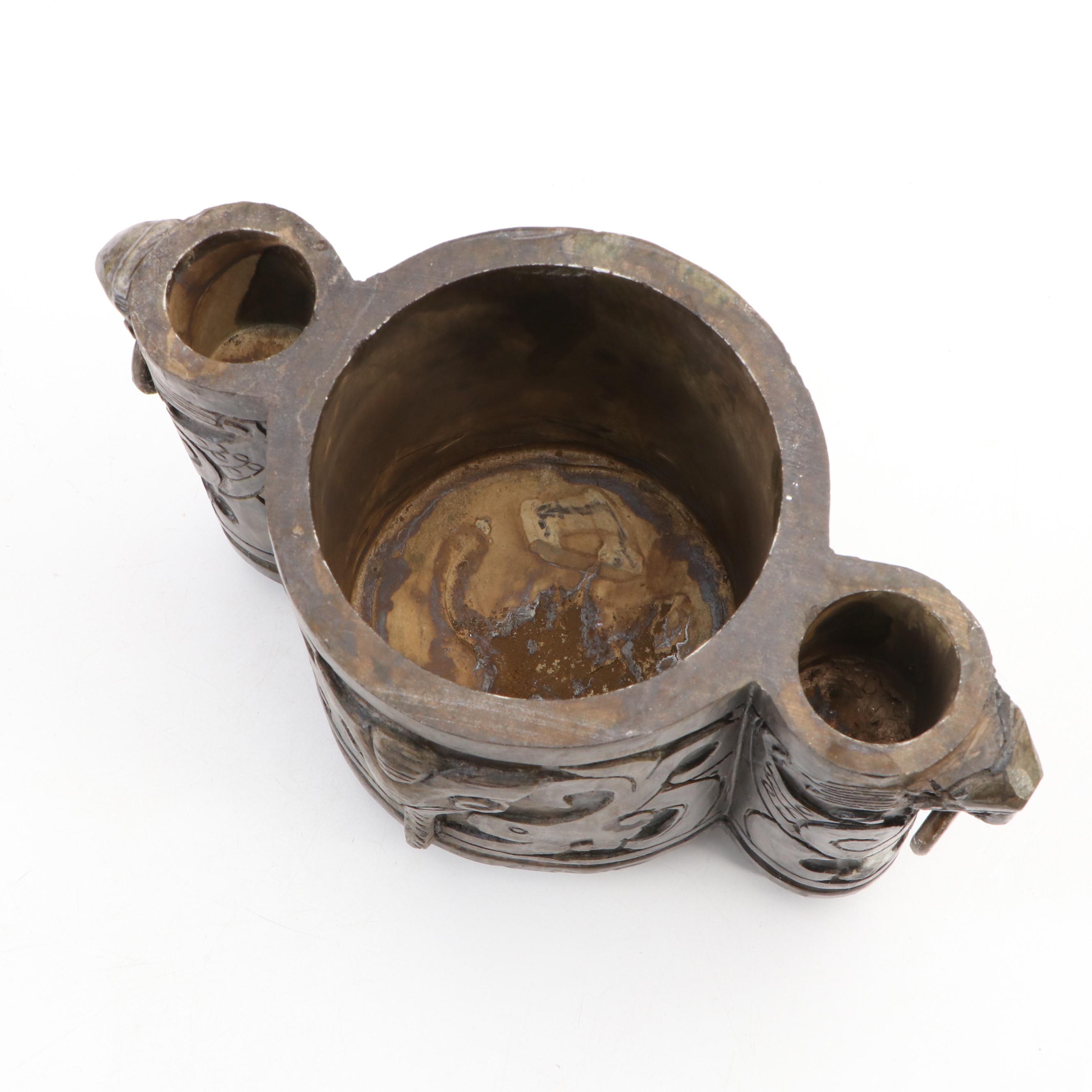 Chinese Carved Serpentine Guardian Lion and Drop-Ring Handled Censer