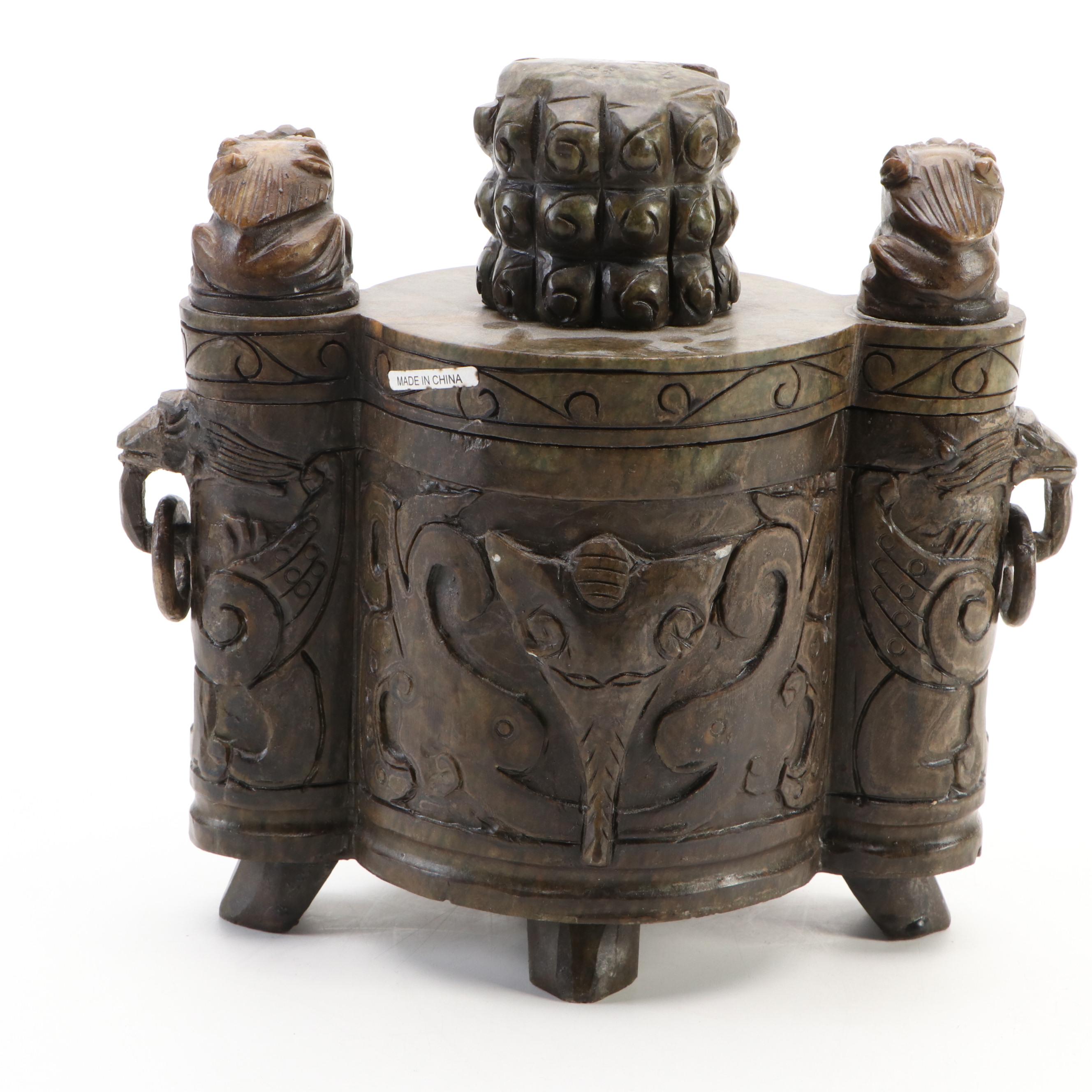Chinese Carved Serpentine Guardian Lion and Drop-Ring Handled Censer