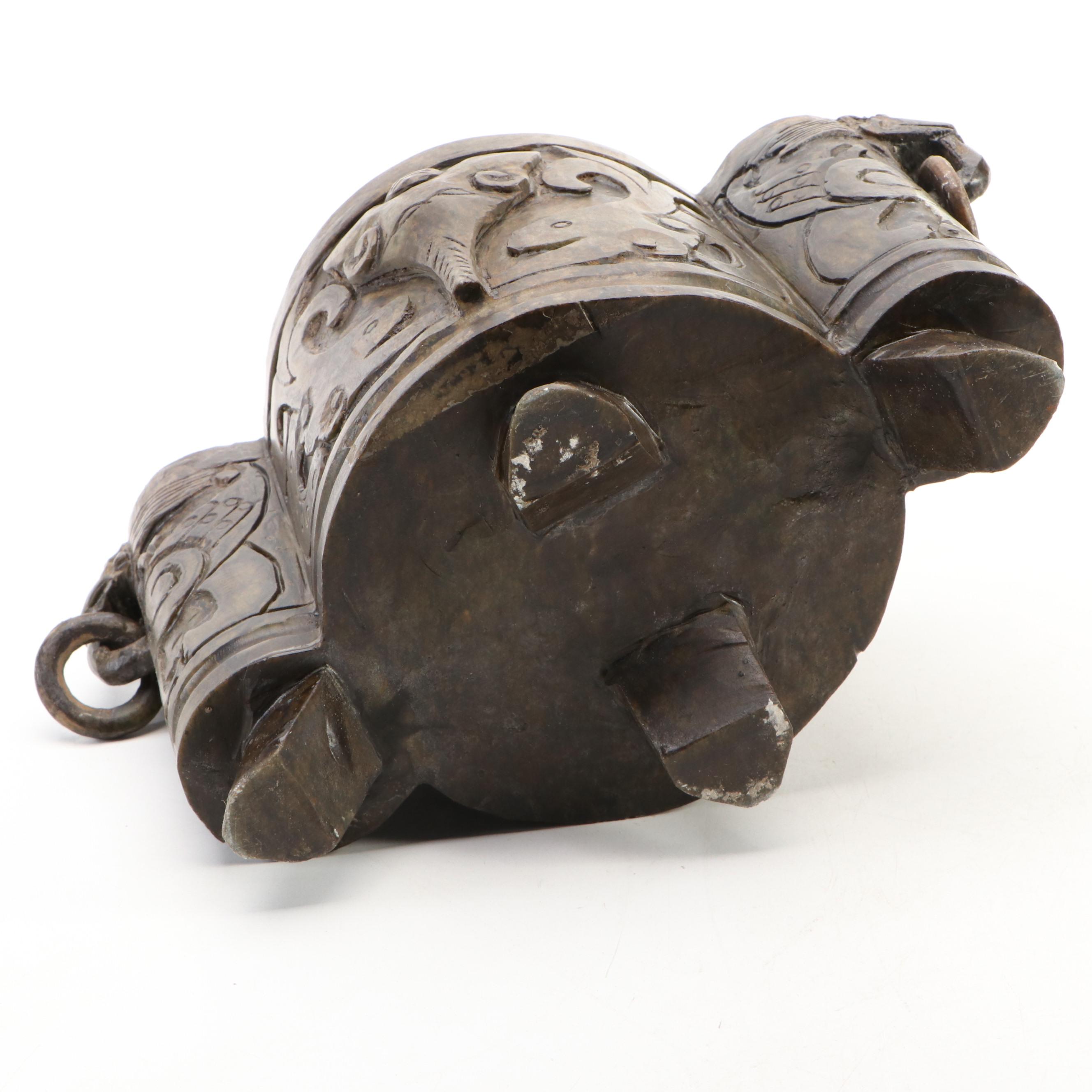 Chinese Carved Serpentine Guardian Lion and Drop-Ring Handled Censer